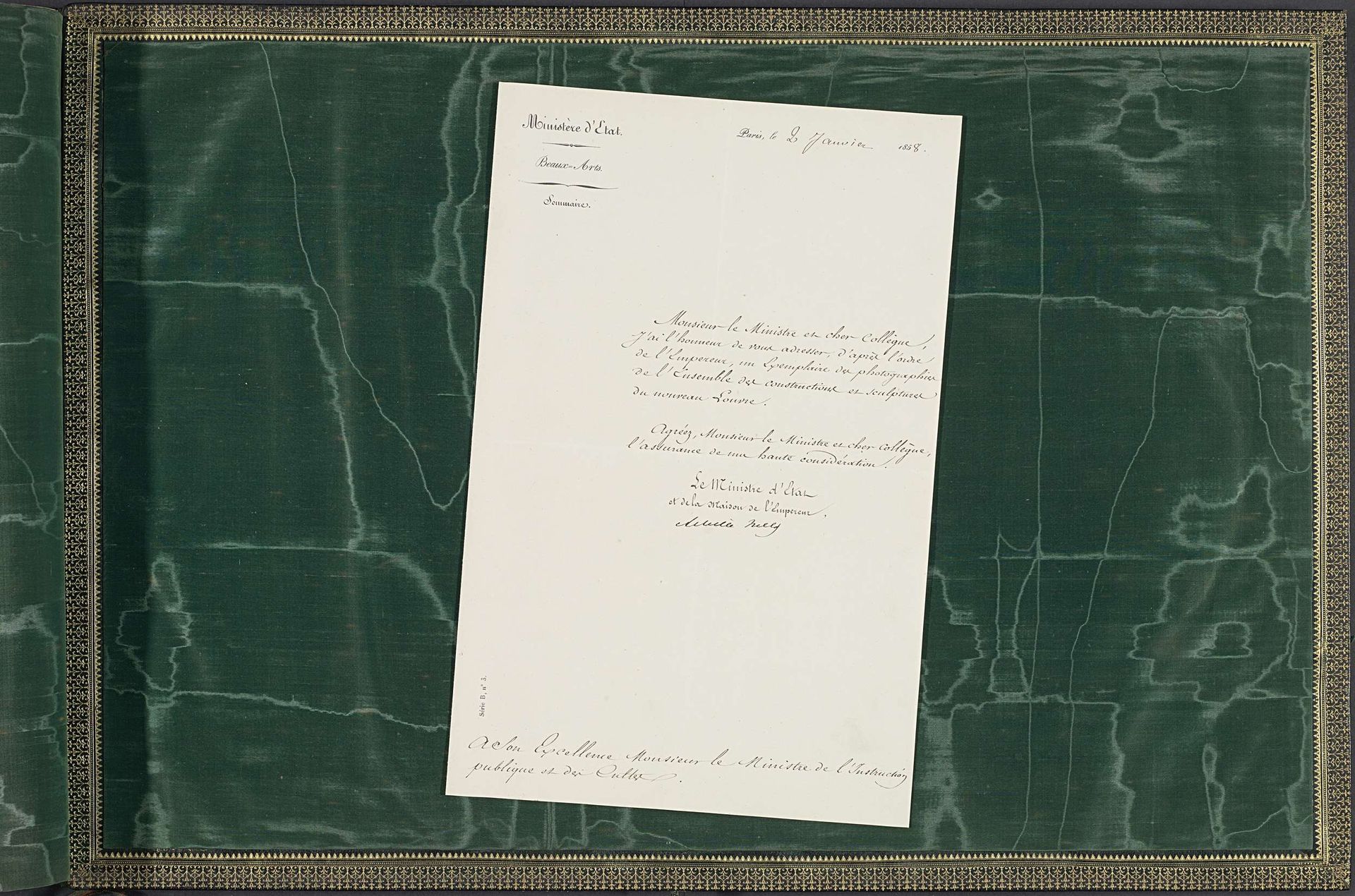 Aanbiedingsbrief behorend bij fotoalbums Réunion des Tuileries au Louvre 1852-1857 by Achille Fould