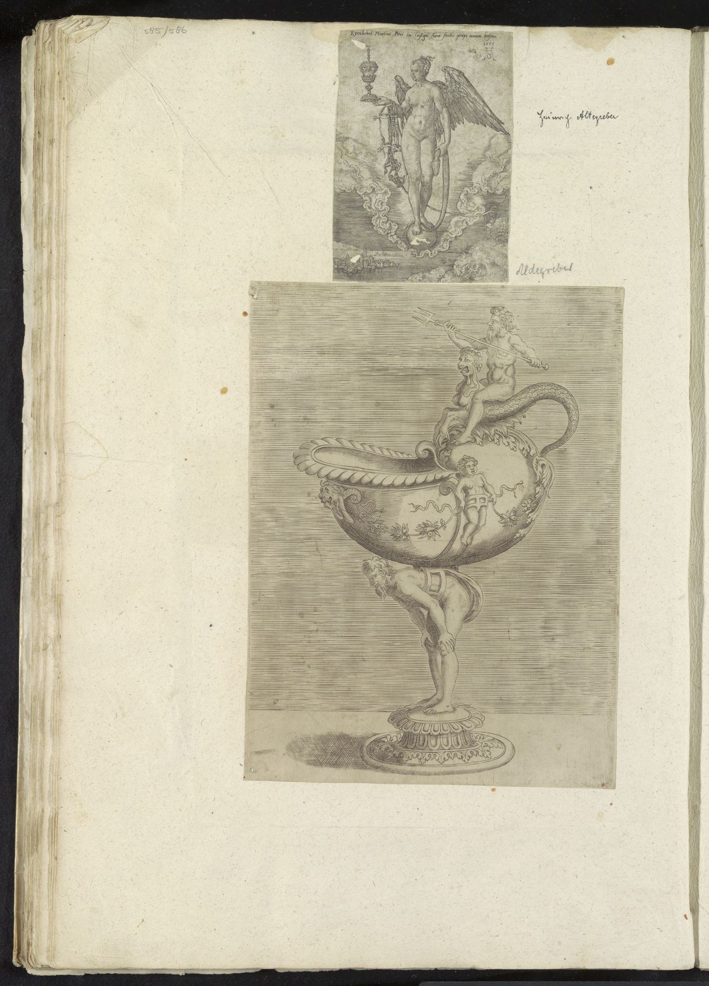 Albumblad met twee prenten met Fortuna en een nautilusbokaal by Heinrich Aldegrever