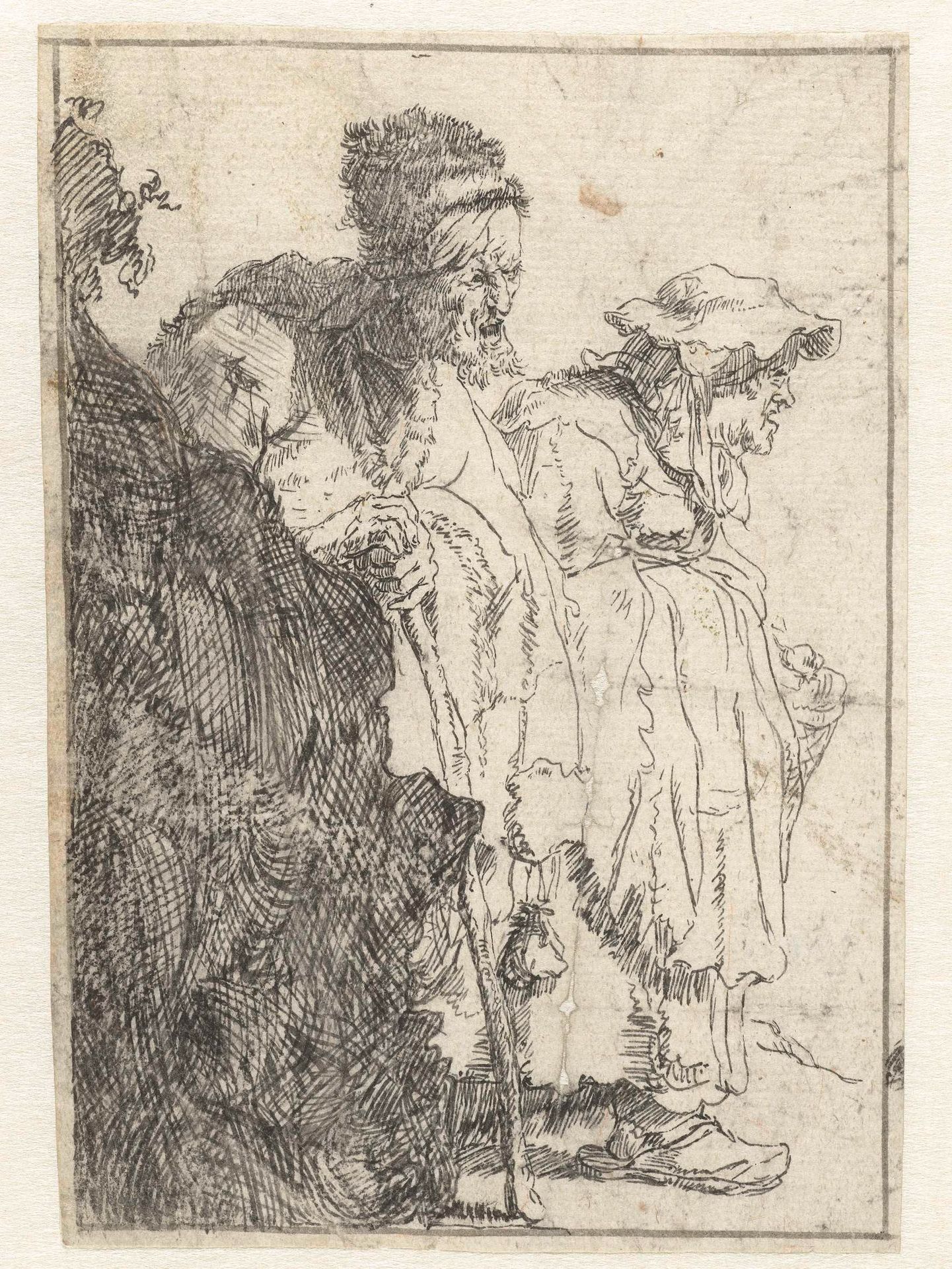 Beggar man and woman behind a bank by Anonymous
