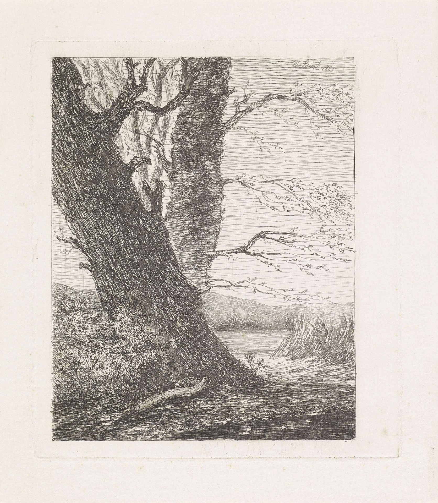 Landschap met twee bomen by Hermanus Welsink