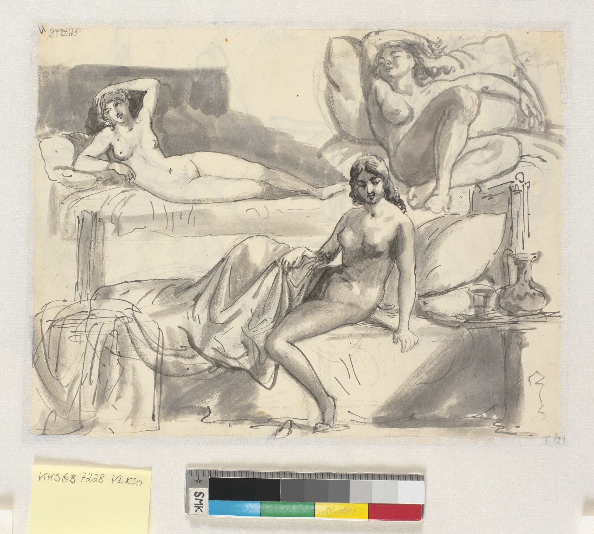 Tre studier af nøgen kvindelig model liggende eller siddende i en seng by Wilhelm Marstrand
