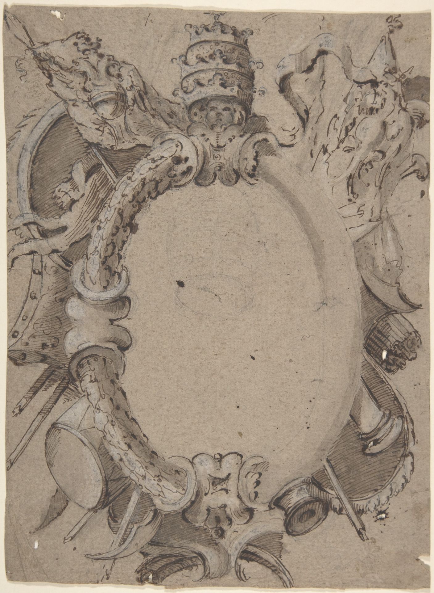 Design for Cartouche with Banners, Drums, Leaves and a Woman's Head with Tiara. by Carlo Bianconi