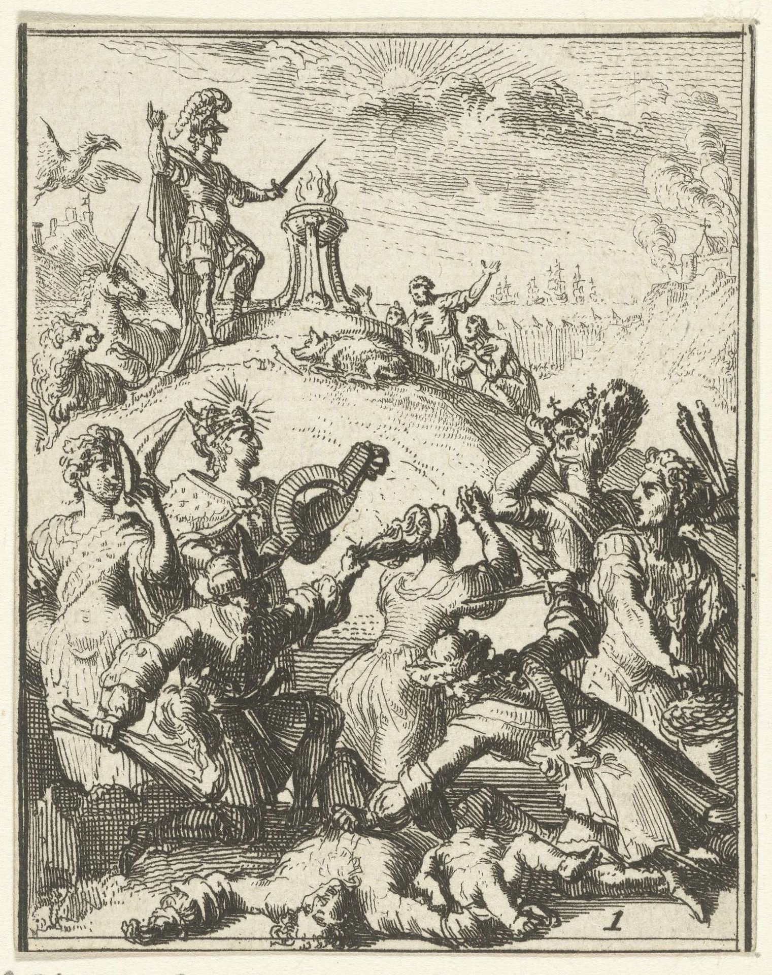 Allegorie op de inval van de Fransen en de bevrijding door Willem III by Romeyn de Hooghe