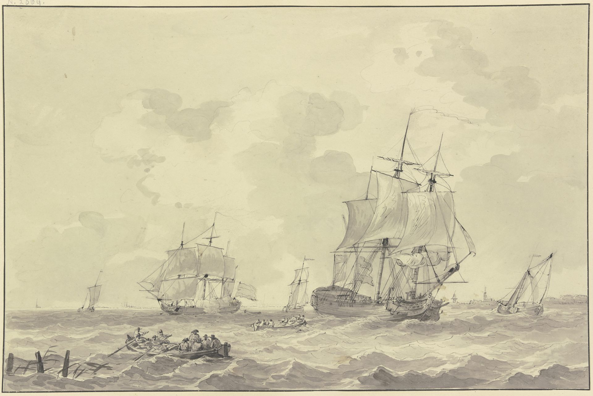 Schiffe bei bewegter See, eines löst eine Kanone, vorne zwei Ruderboote by Gerrit Groenewegen