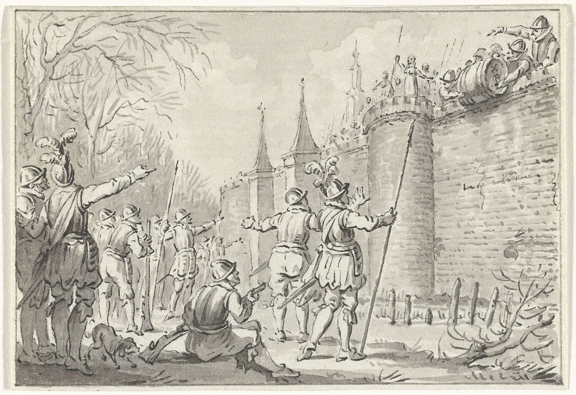 Burgers van Haarlem werpen een ton met elf hoofden over de stadsmuur tijdens het beleg in 1573 by Jacobus Buys