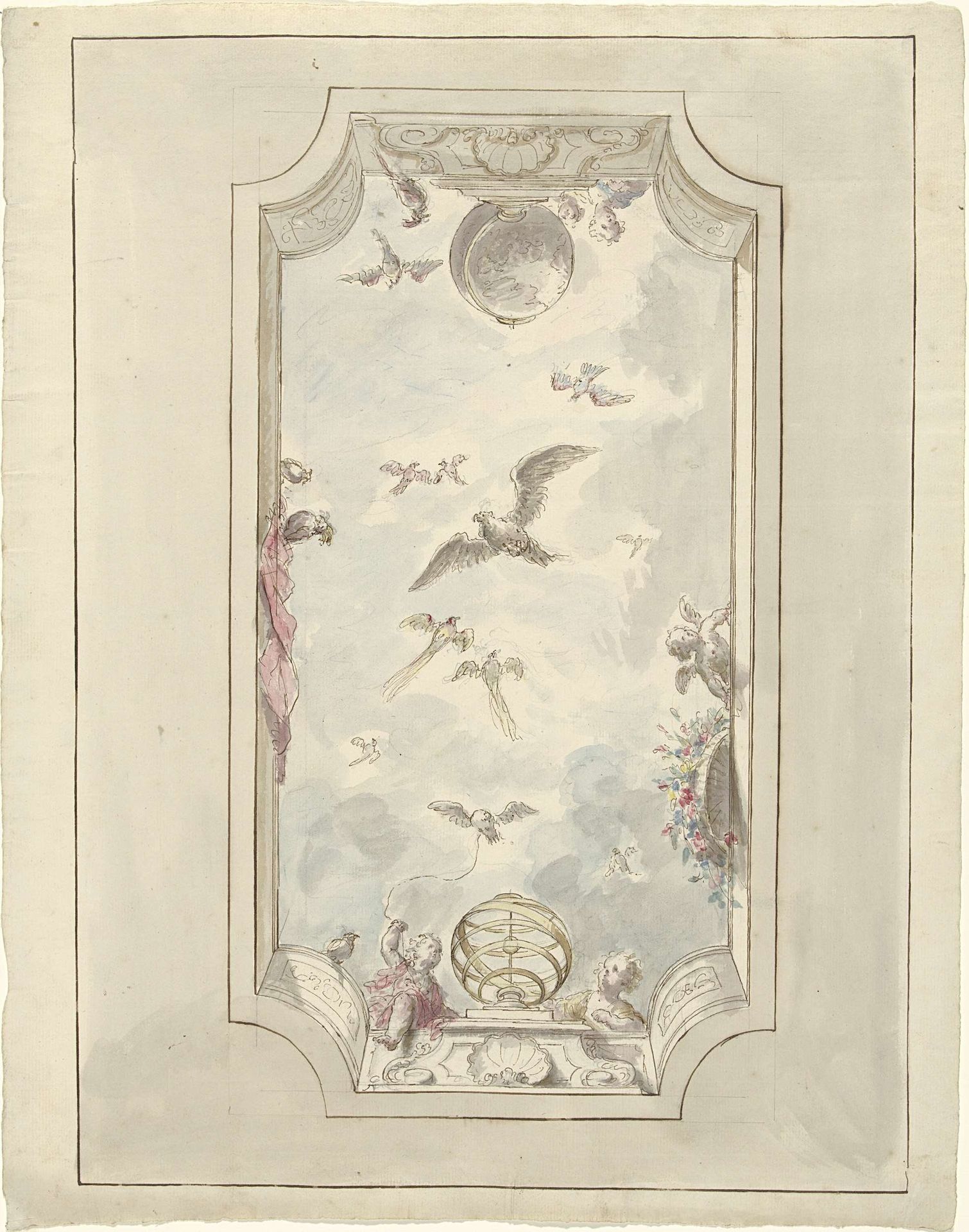 Ontwerp voor een plafondschildering met gezicht langs balustrade in de lucht met vogels by Dionys van Nijmegen