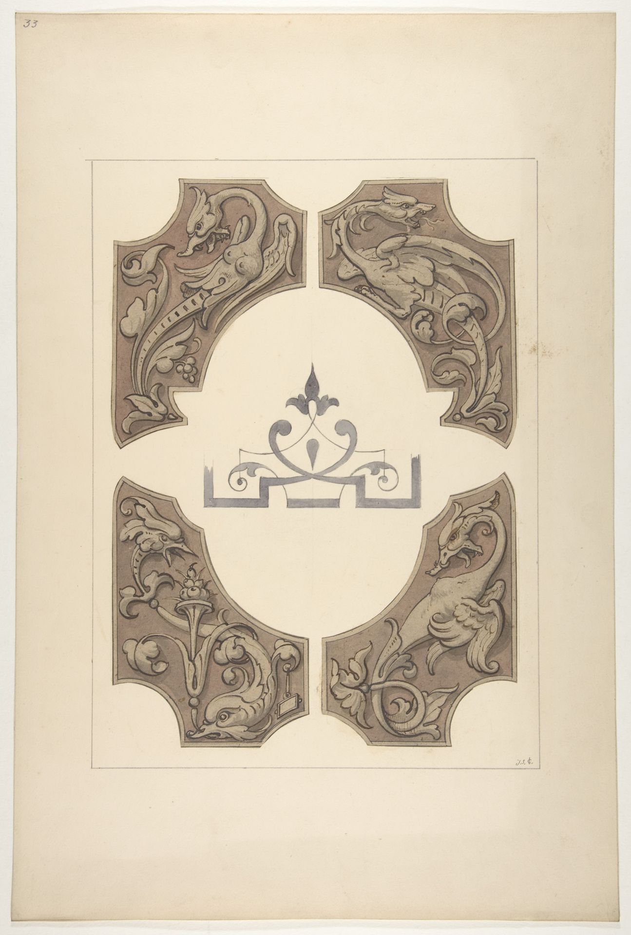 Grotesque designs featuring griffin, birds, and dolphins by Jules-Edmond-Charles Lachaise