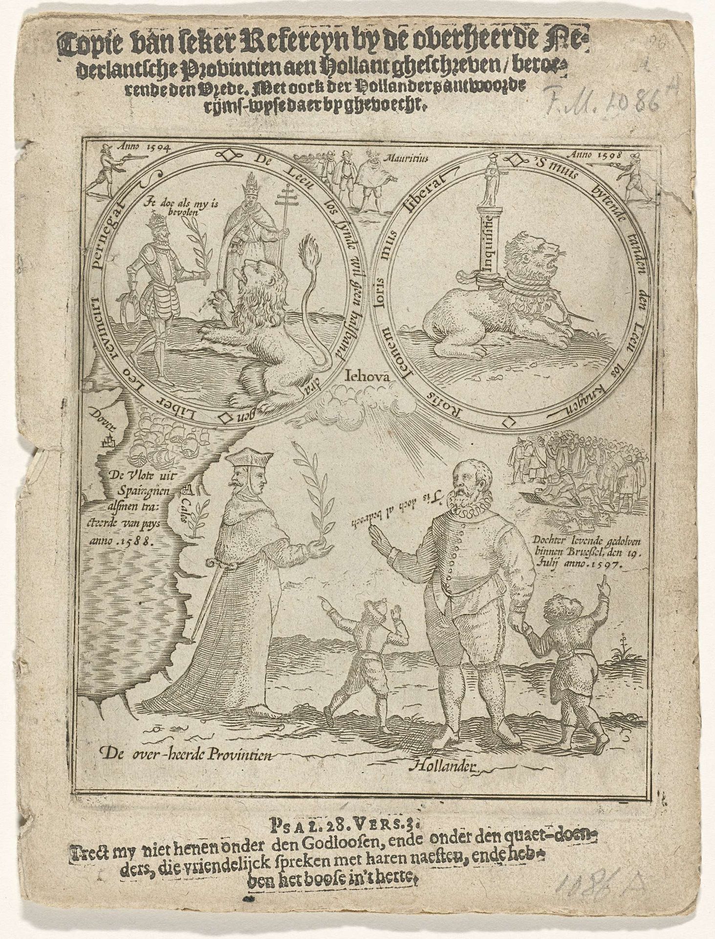 Titelpagina van het pamflet: Copie van seker Refereyn by de overheerde Nederlantsche Provintien aen Hollant gheschreven / beroerende den Vrede. Met oock der Hollanders antwoorde rijms-wyse daer by ghevoecht, 1598 by Anonymous