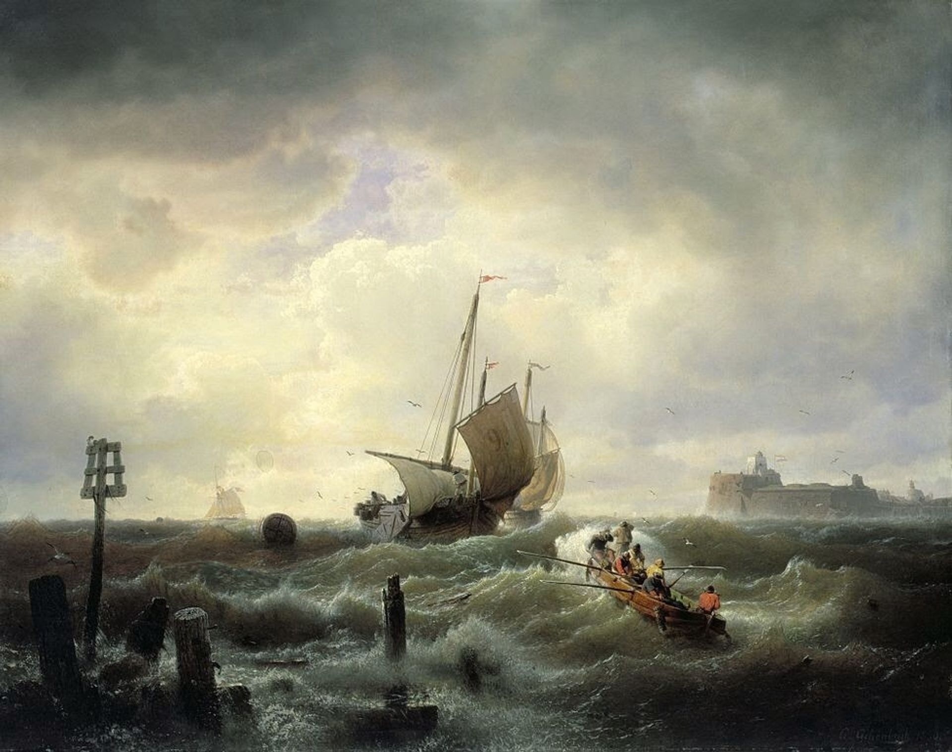 Entrance To The Harbor Of Hellevoetsluis by Andreas Achenbach