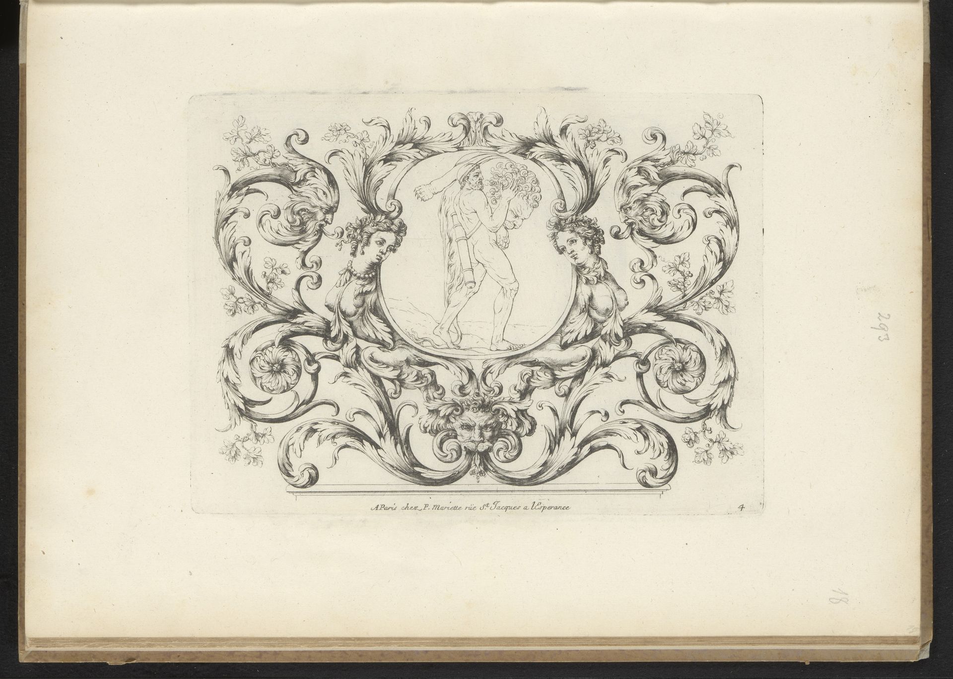 Hercules in medaillon te midden van acanthusranken by Paul Androuet Ducerceau
