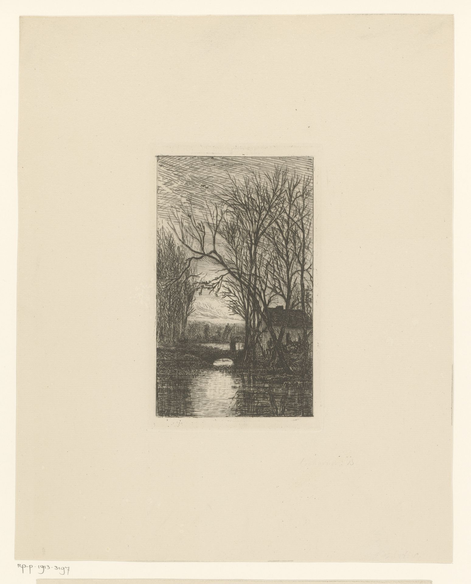 Oude vrouw met wandelstok op een kleine stenen brug by Théodore Tscharner