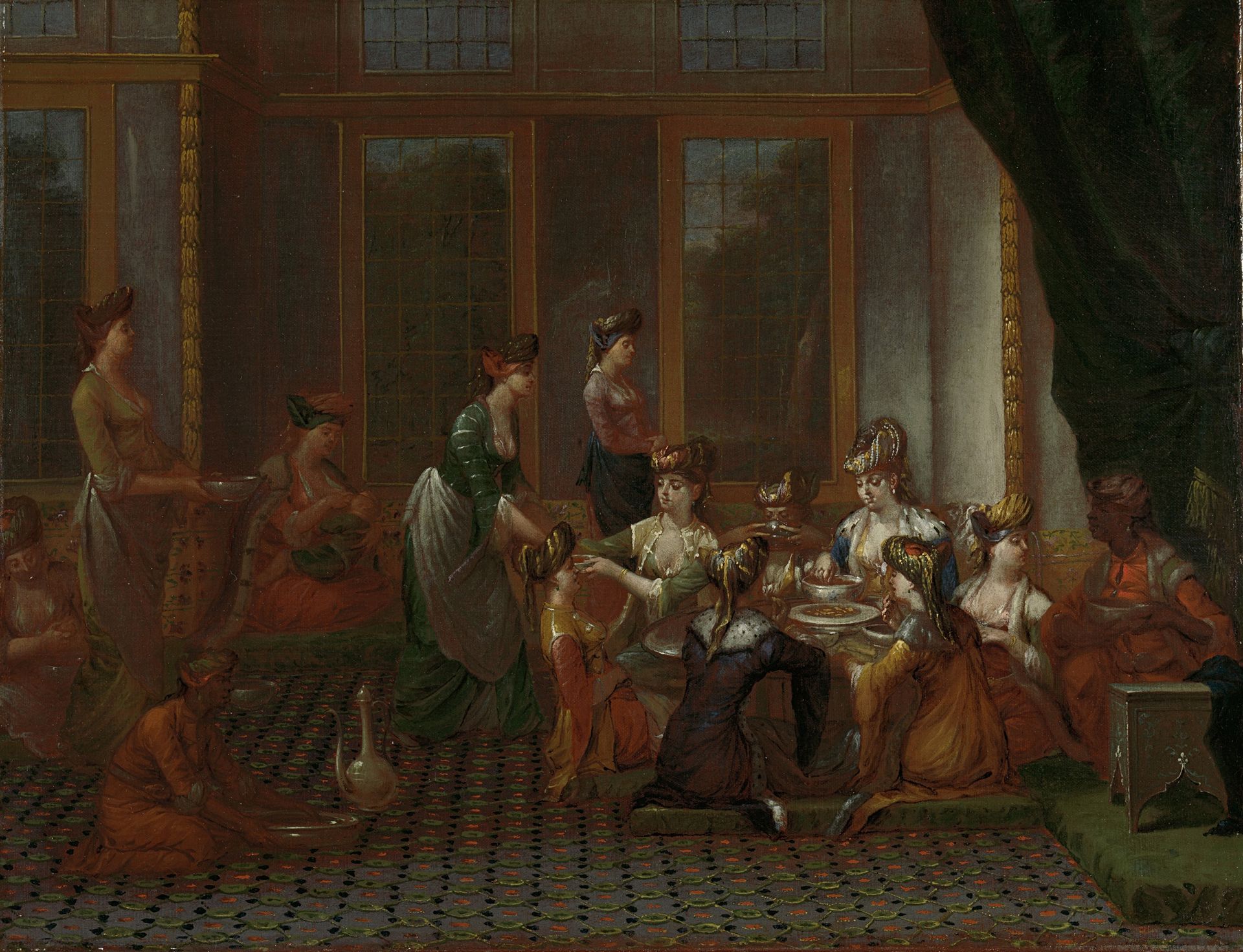 Maaltijd van voorname Turkse vrouwen by Jean Baptiste Vanmour