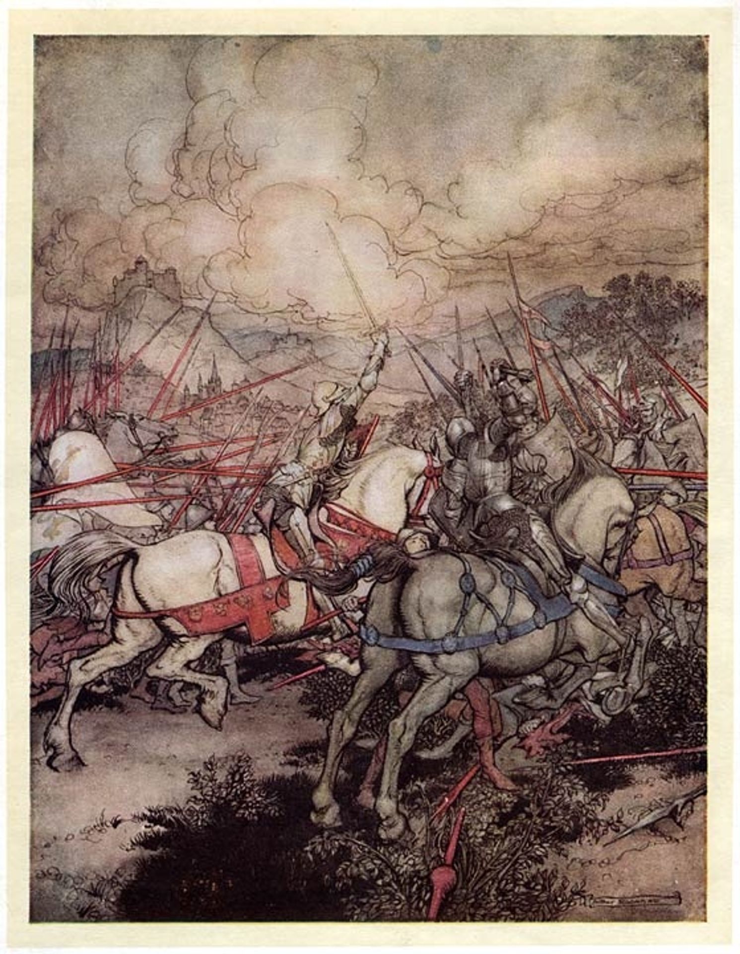 King Arthur for the first time draws his sword Excalibur from its sheath by Arthur Rackham