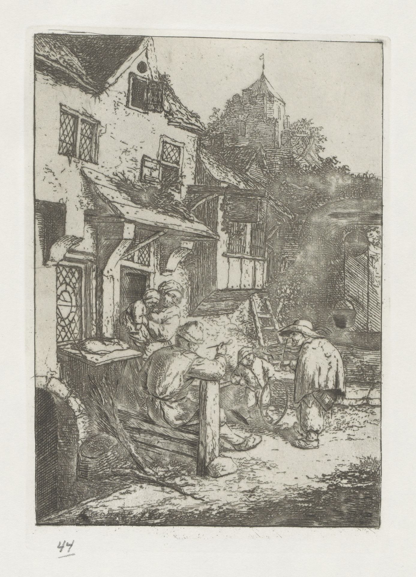 Gebochelde vioolspeler voor een herberg by Adriaen van Ostade