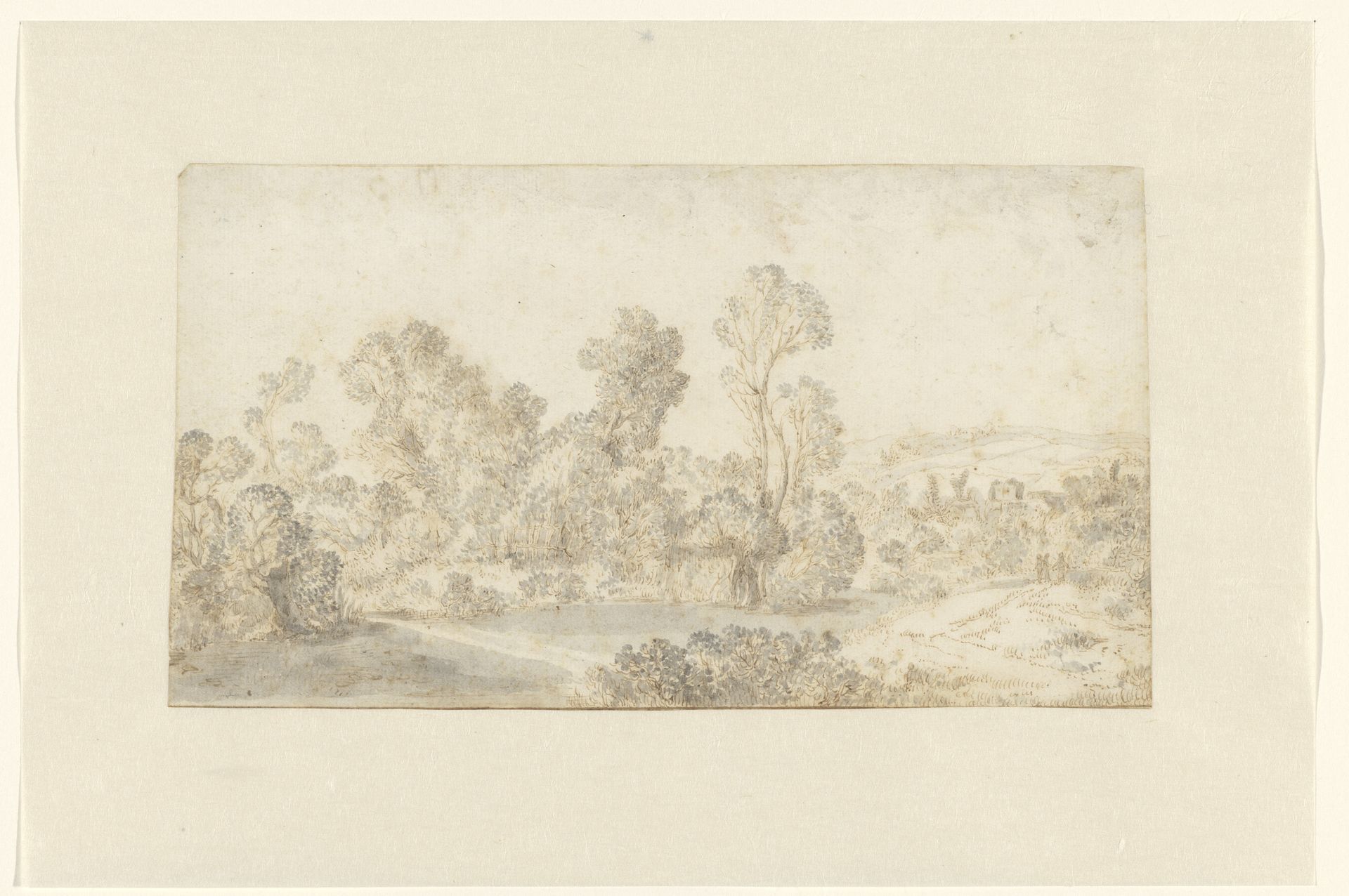 Heuvelachtig landschap met hoge bomen langs een rivier by Gillis Claesz. de Hondecoeter