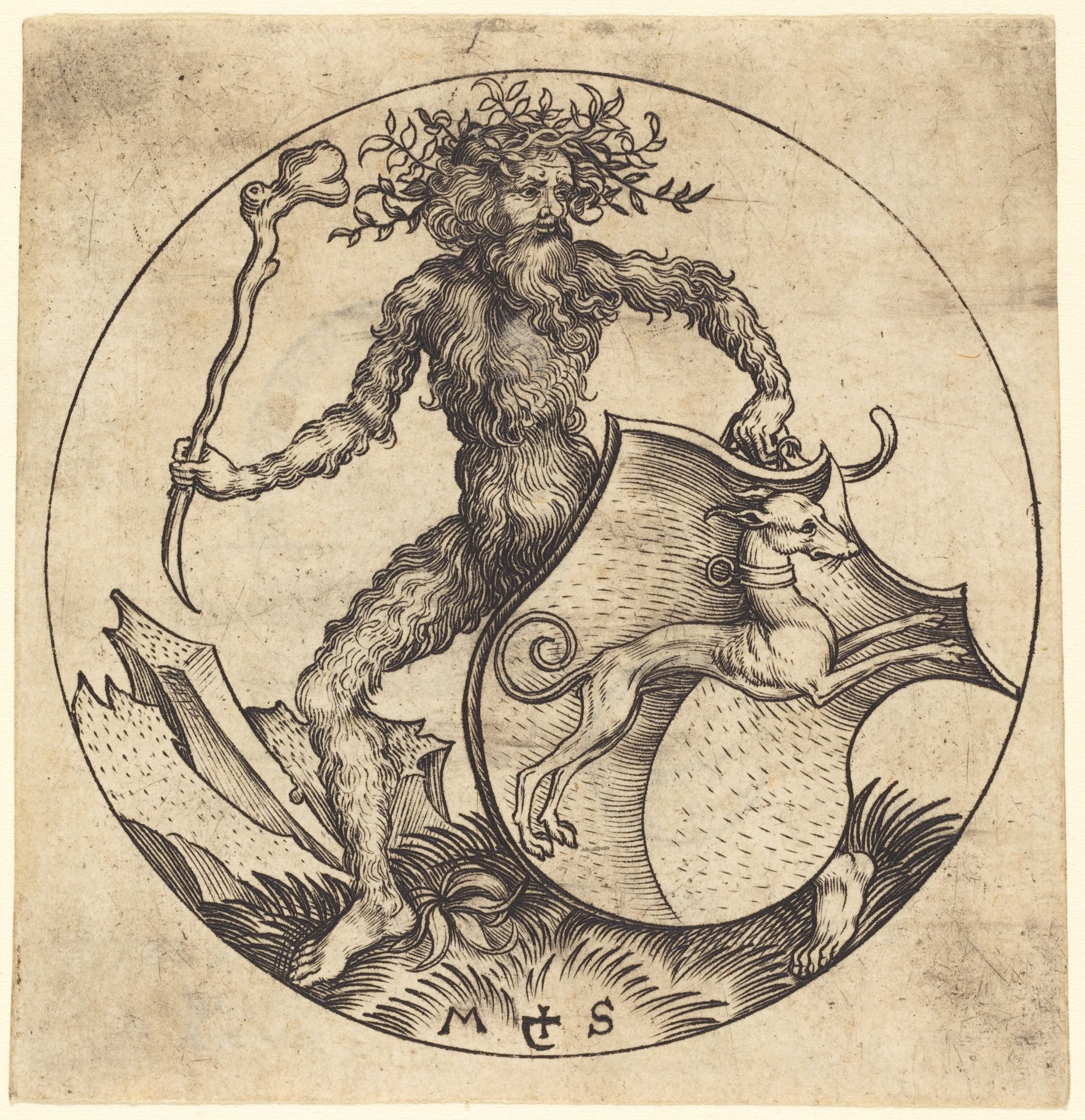 Wild Man Holding a Shield with a Greyhound by Martin Schongauer