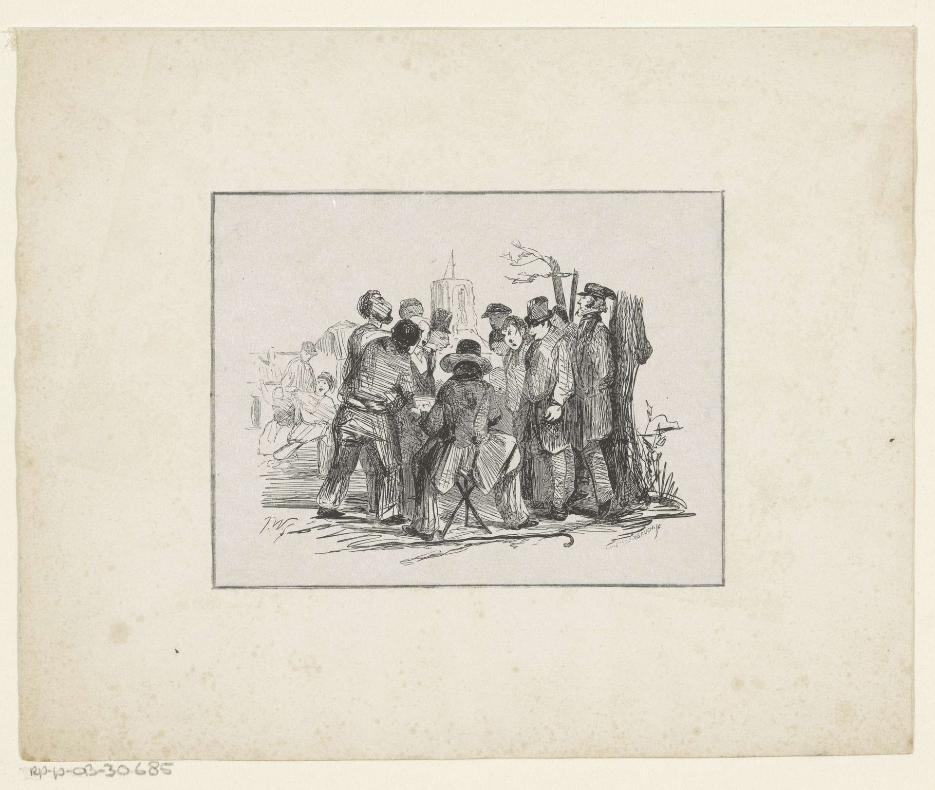 Tiental mannen staand rondom een zittende man by Isaac Weissenbruch