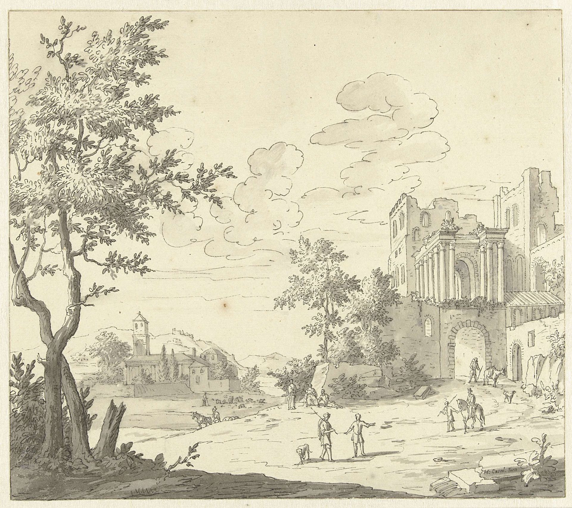 Italiaans gezicht met ruïne by Hendrik (II) Carré