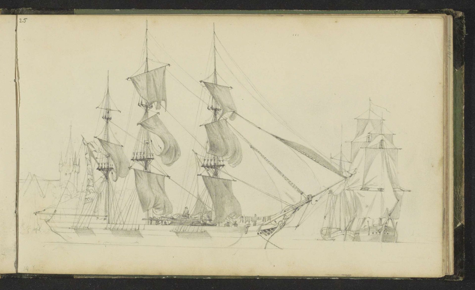 Afgemeerde driemaster by Hendrik Abraham Klinkhamer
