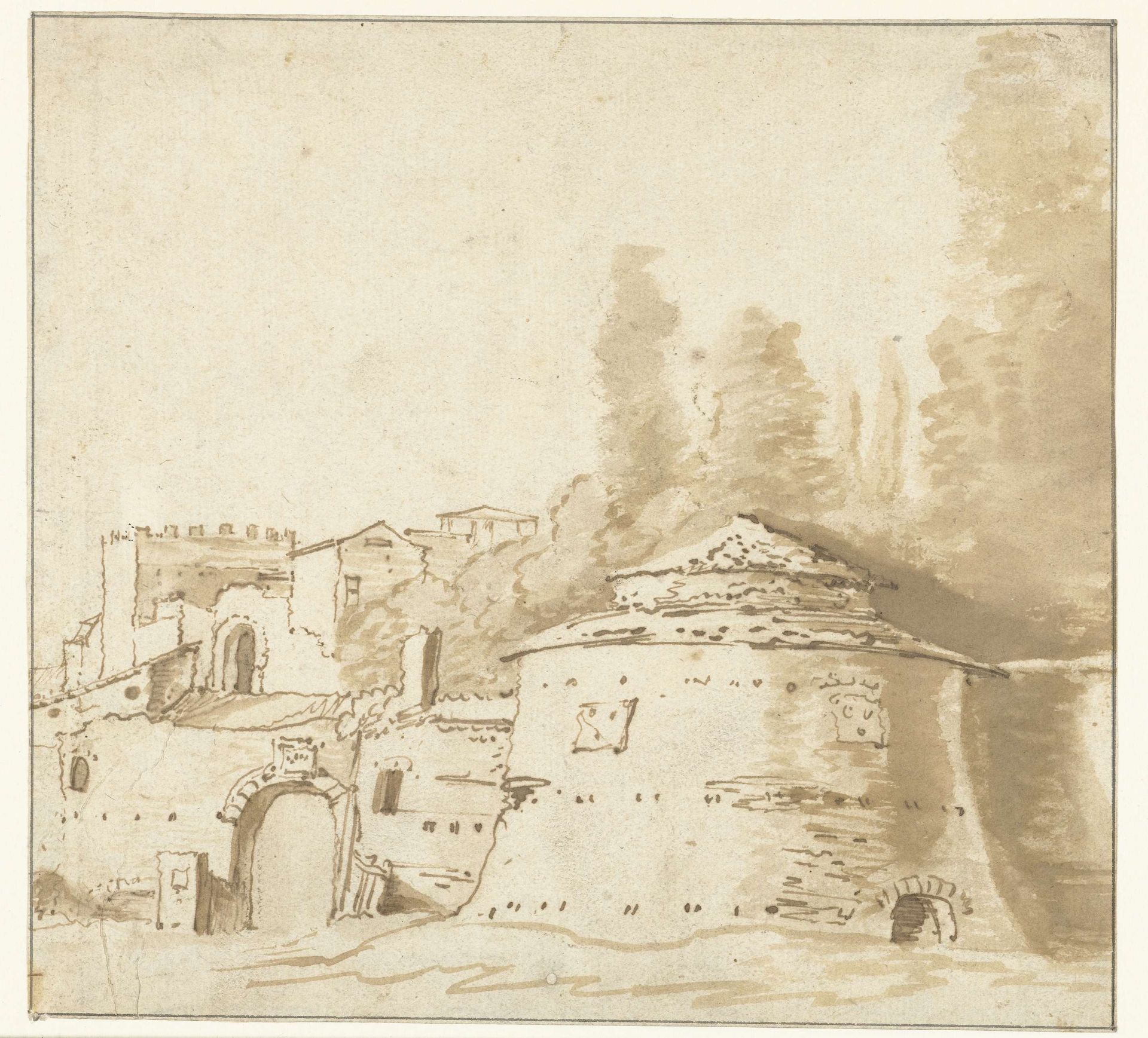 Italiaans gebouw met zware ronde toren by Jan Both