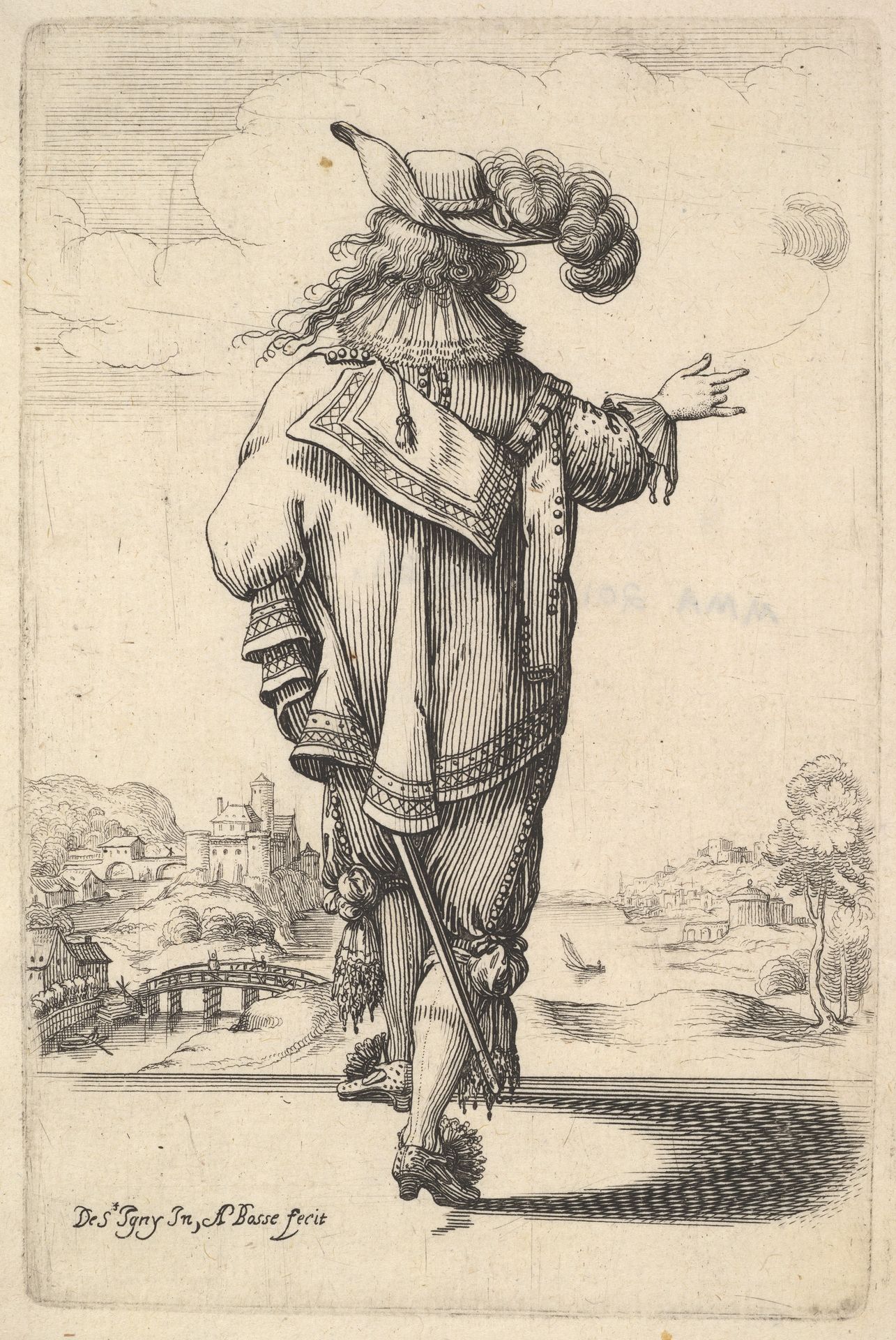 A gentleman wearing a plumed hat and carrying a sword, seen from behind, his right arm outstrestched, a landscape in the background with houses and a tower, from "The Garden of the French Nobles In Which One Can Pick Up Their Way of Dressing" by Abraham Bosse