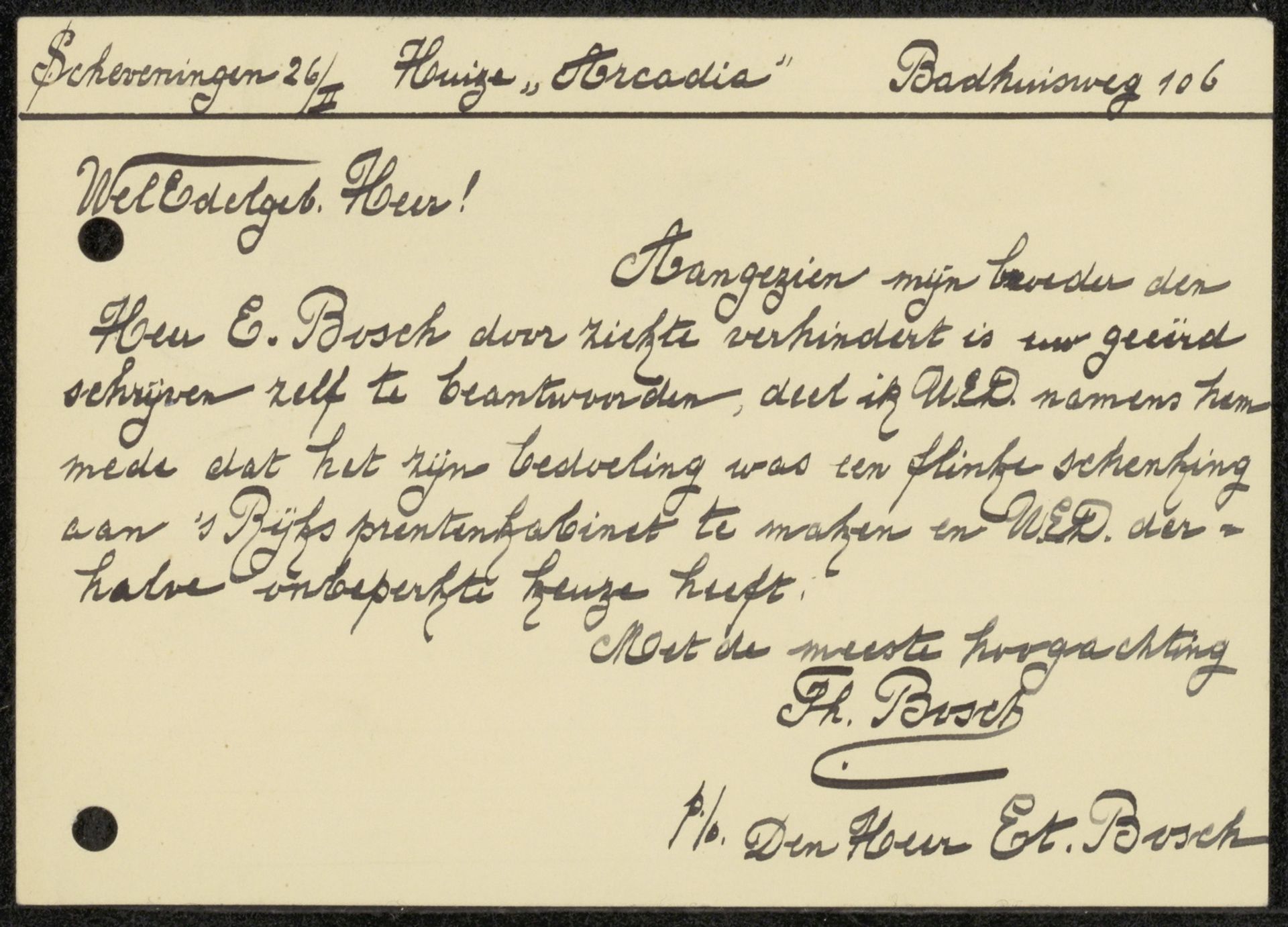 Briefkaart aan jonkheer Hendrik Teding van Berkhout (1879-1969) by Th. Bosch