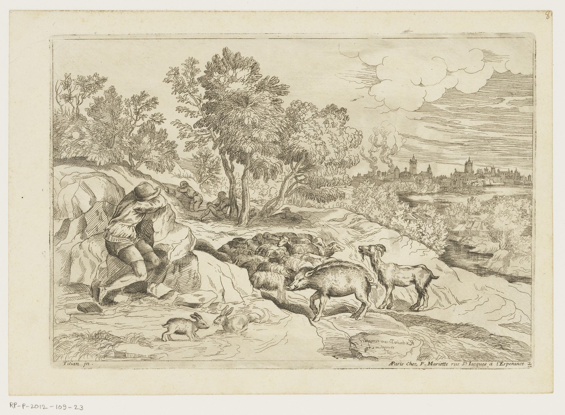 Landschap met drie rustende herders bij een kudde by Moise Jean Baptiste Fouard