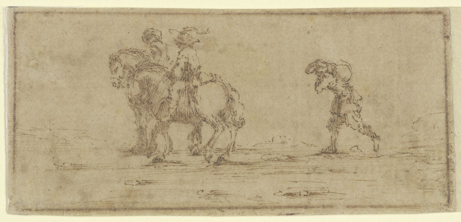Zwei Reiter, gefolgt von einem Mann, der einen Sack trägt by Jacques Callot
