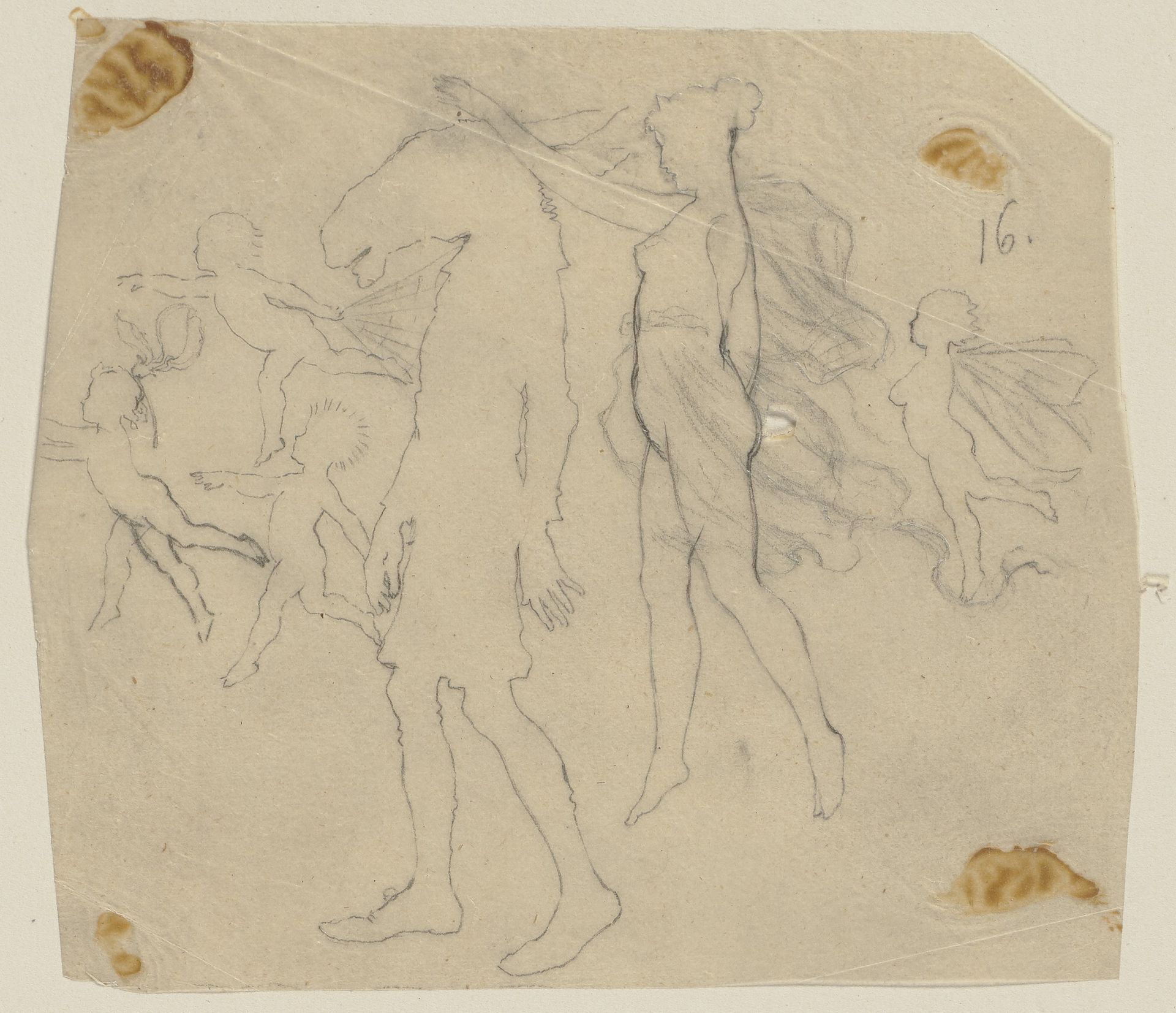 Titania, unbekleidet und mit hochgestecktem Haar, und Nick Bottom mit Eselskopf, gehend, begleitet von Elfenkindern by Paul Konewka