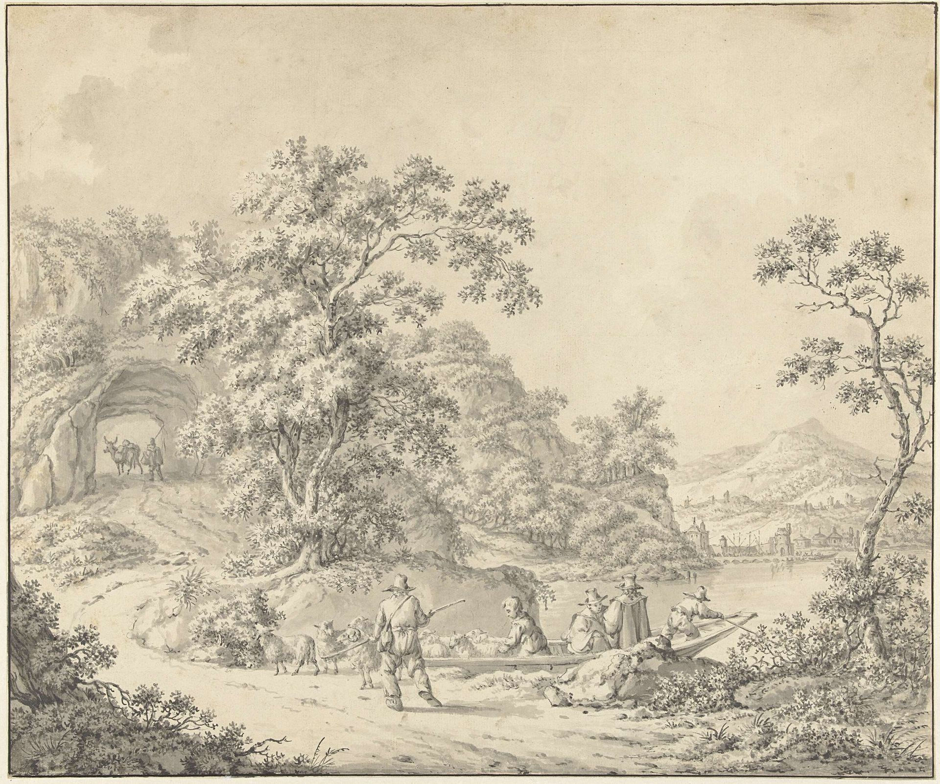 Landschap met een schuitje waarin een schapenherder met zijn kudde by Jurriaan Andriessen