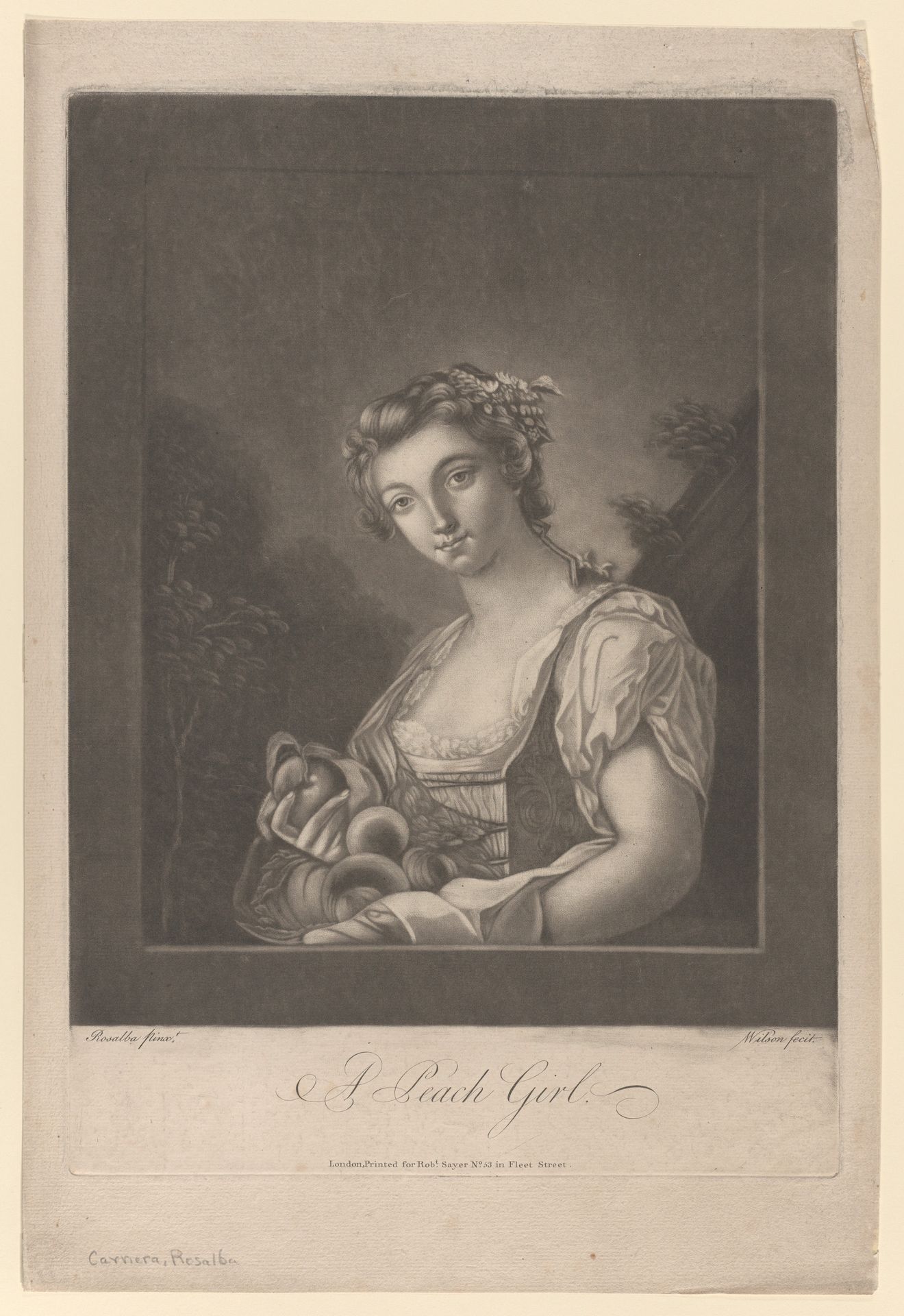 A Peach Girl: a woman carrying peaches in her apron and holding up one by James Wilson
