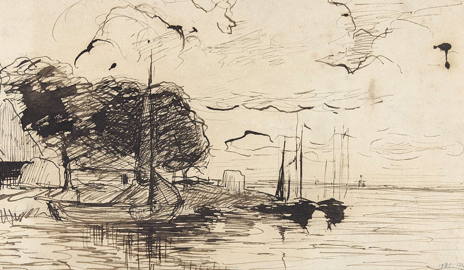 Oever met boerenschuur en zeilschepen by Théophile de Bock