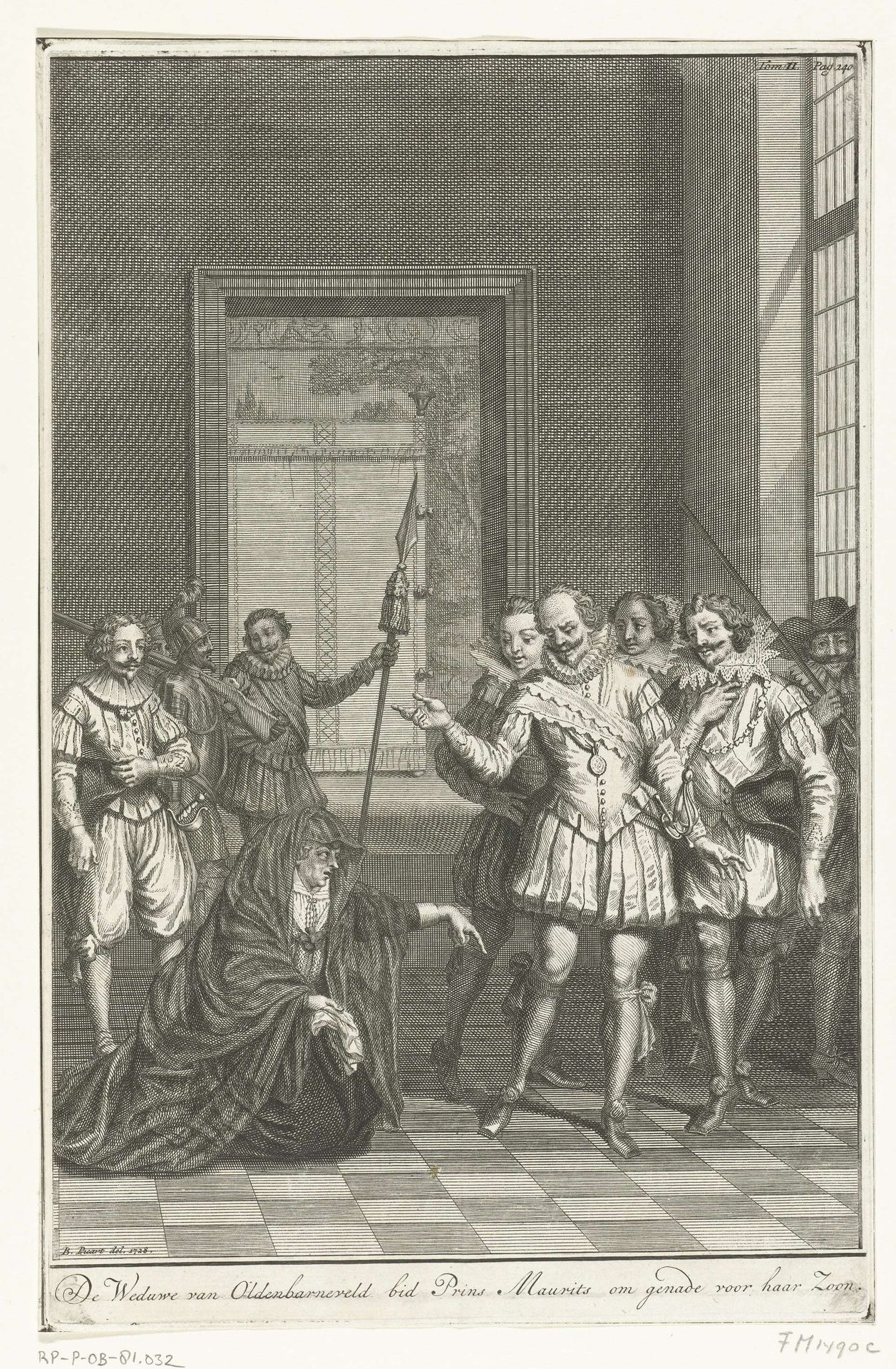 De weduwe van Johan van Oldenbarnevelt smeekt Maurits om genade voor haar zoon Reinier, 1623 by Bernard Picart