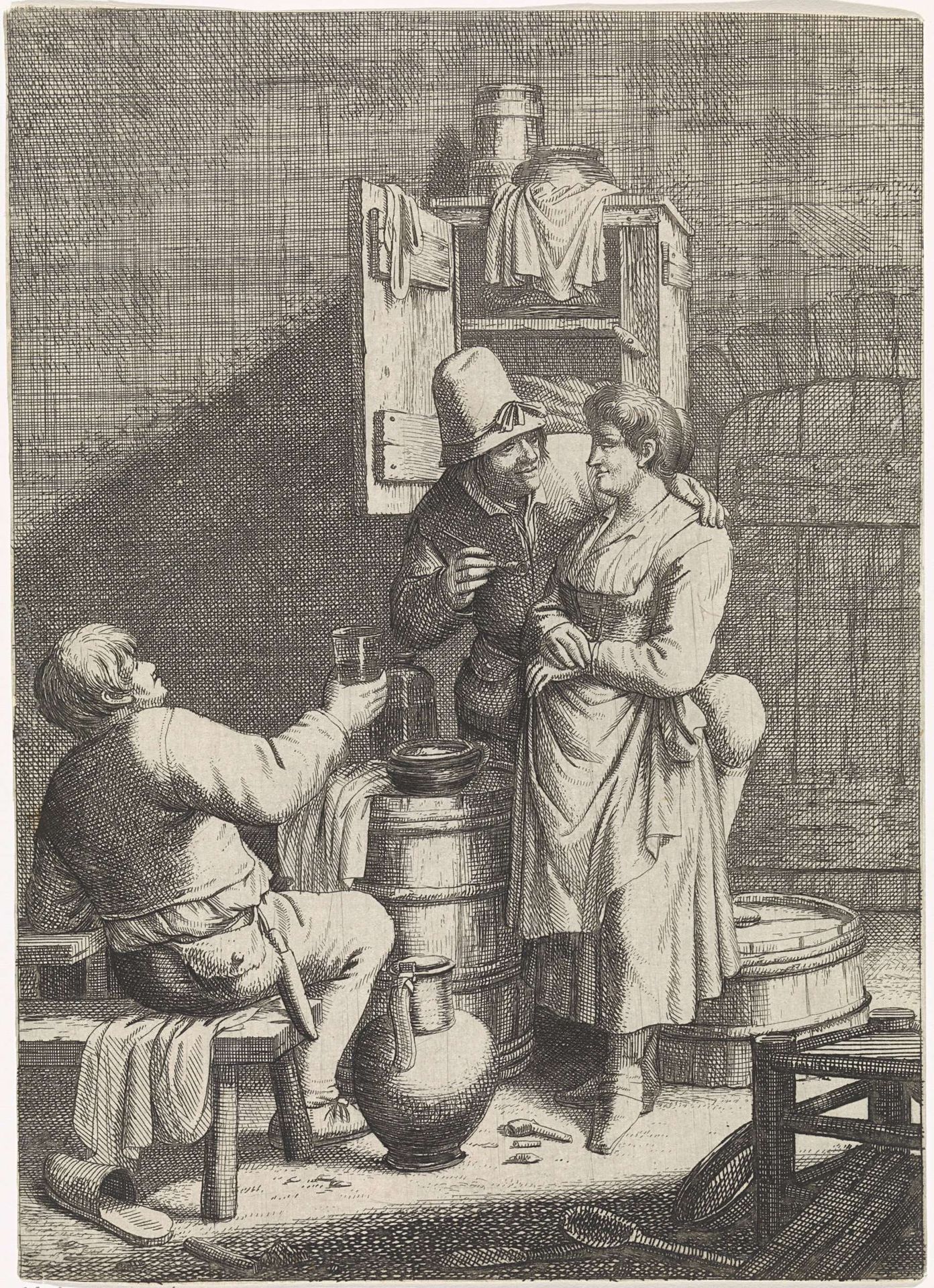 Boerenpaar en een man met een glas by Justus van den Nijpoort