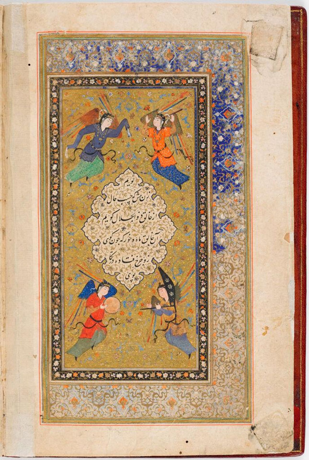 Ownership Notes and Stamps (recto), The Angels Who Pray for the King, Introduction (frontispiece painting, verso), folio 1 from an illustrated Manuscript of the Guy u Chawgan by `Arifi by Calligraphy attributed to Mir Ali al Husayni