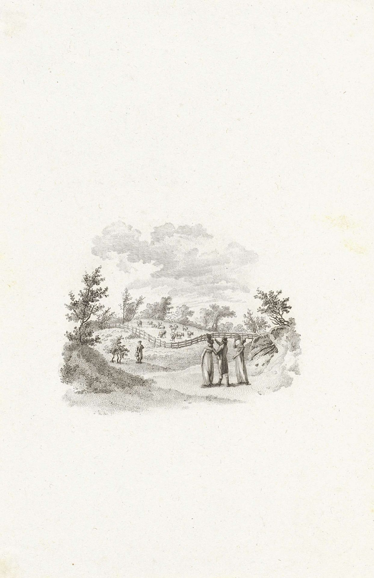 Landschap met wandelaars bij een weide met vee by Reinier Vinkeles