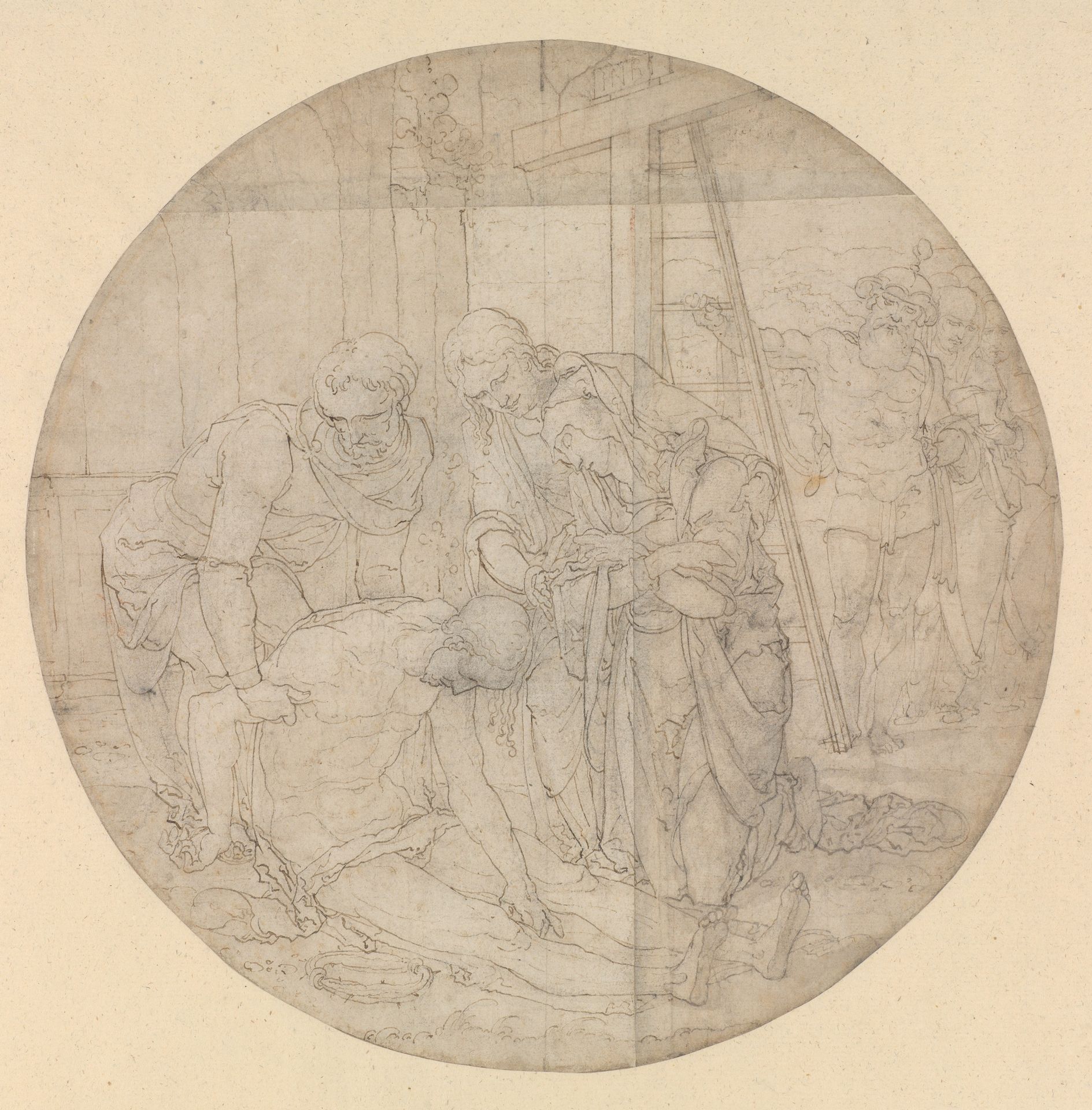 Christ at the Foot of the Cross, Mourned by Mary and John by Nicolaas Hogenberg