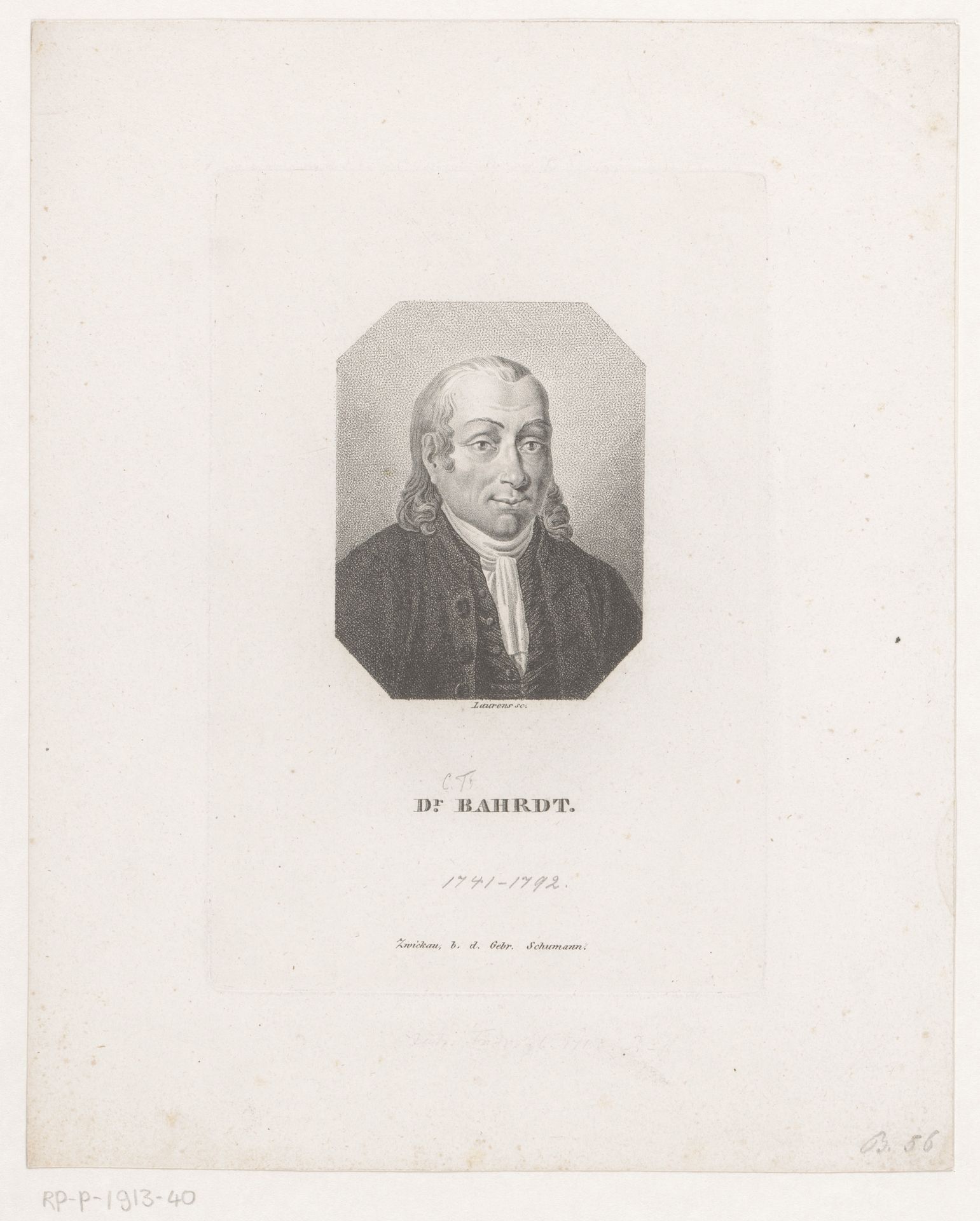 Portret van Carl Friedrich Bahrdt by Johann Daniel (II) Laurenz