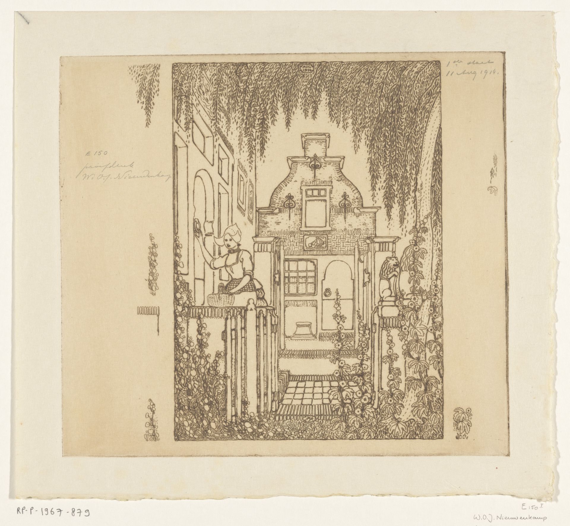 Vrouw in klederdracht die op een voordeur klopt in Edam by Wijnand Otto Jan Nieuwenkamp