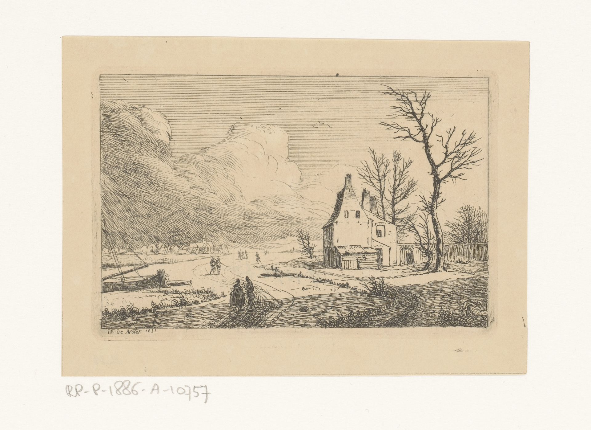 Winterlandschap met bevroren rivier en een dorp op de achtergrond by Pierre François De Noter