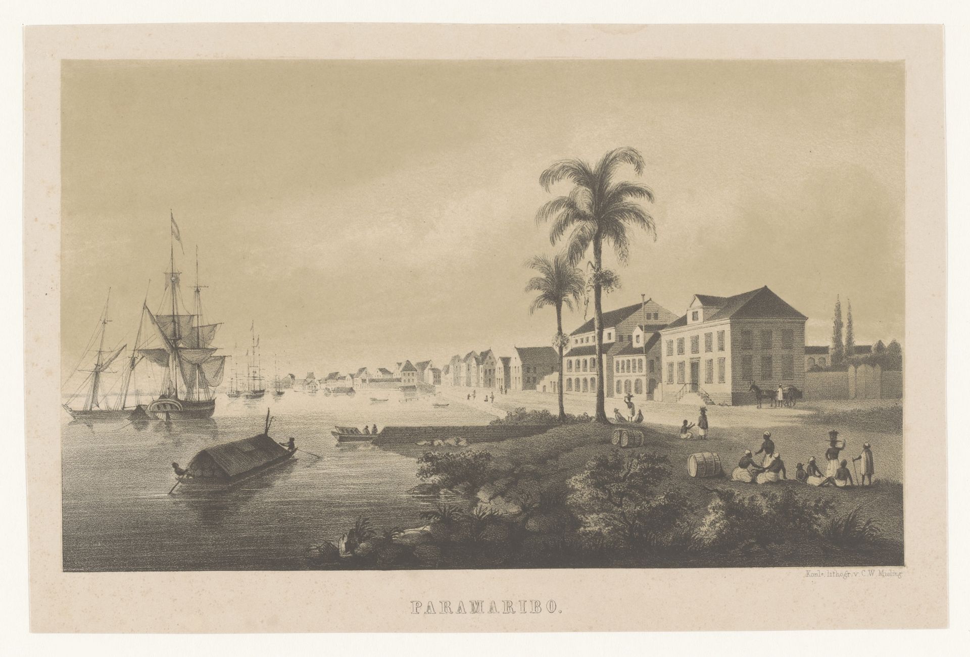 Gezicht op de kade en haven van Paramaribo aan de Suriname Rivier by Anonymous