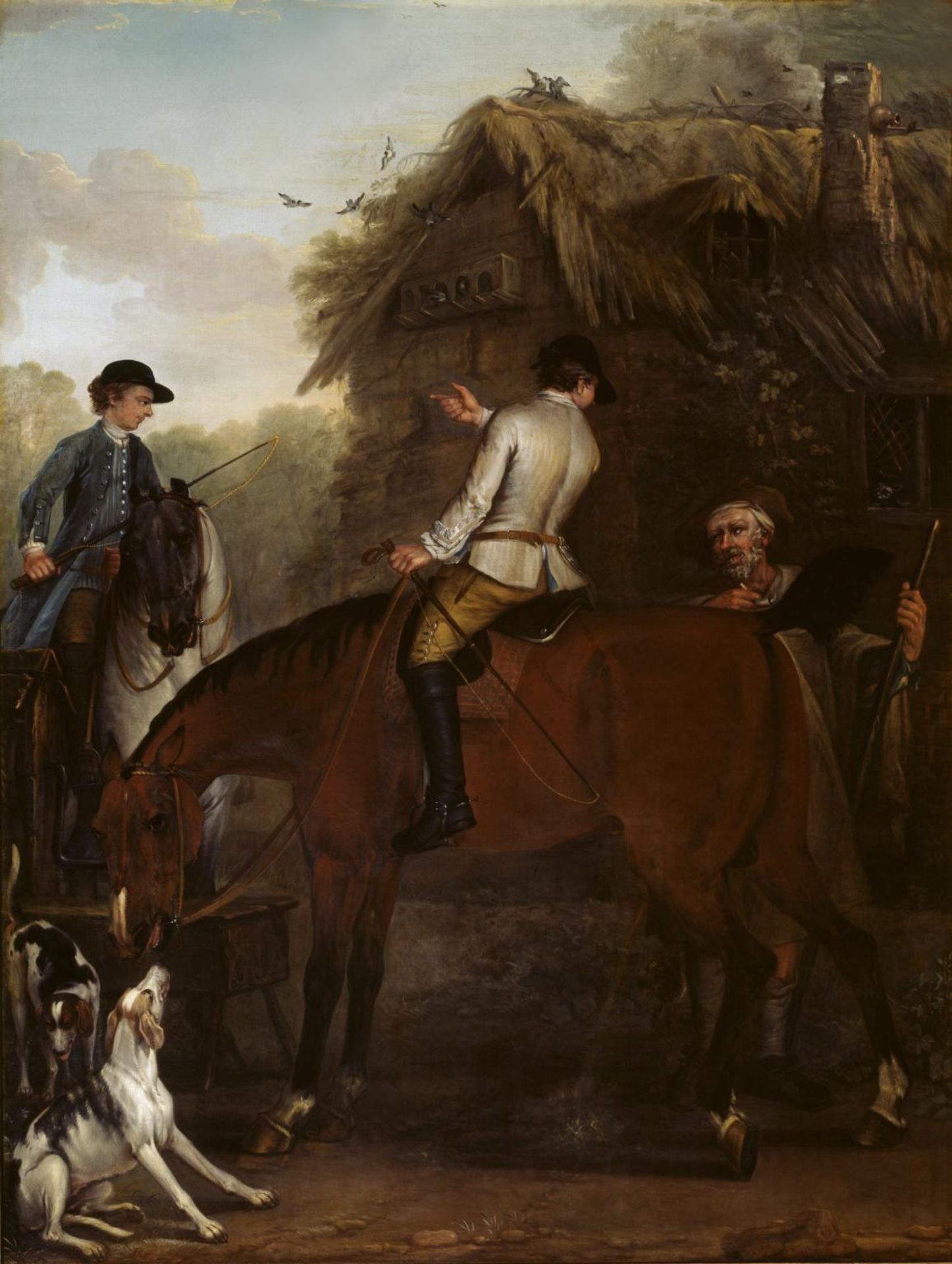 Viscount Weymouth’s Hunt: Two Hunt Servants on Hunters beside a Cottage by John Wootton