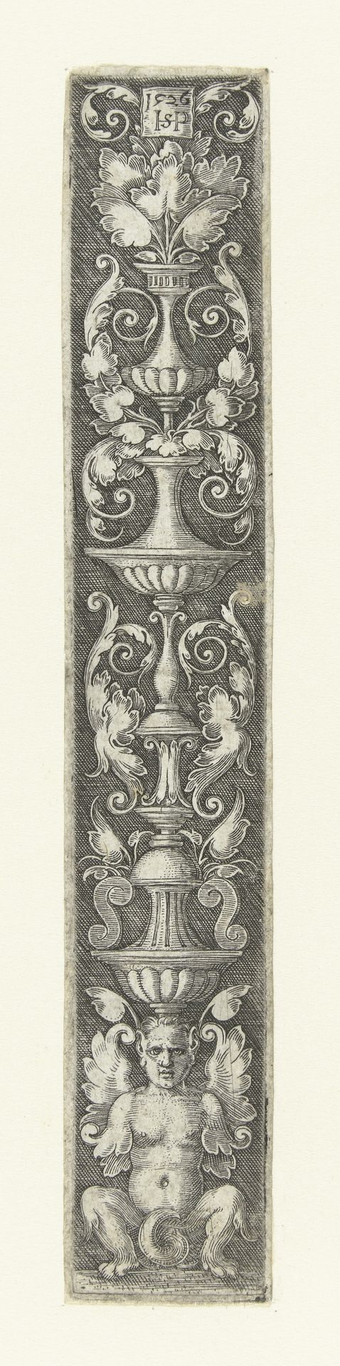 Vlakdecoratie met onderaan een gehurkte sater by Sebald Beham