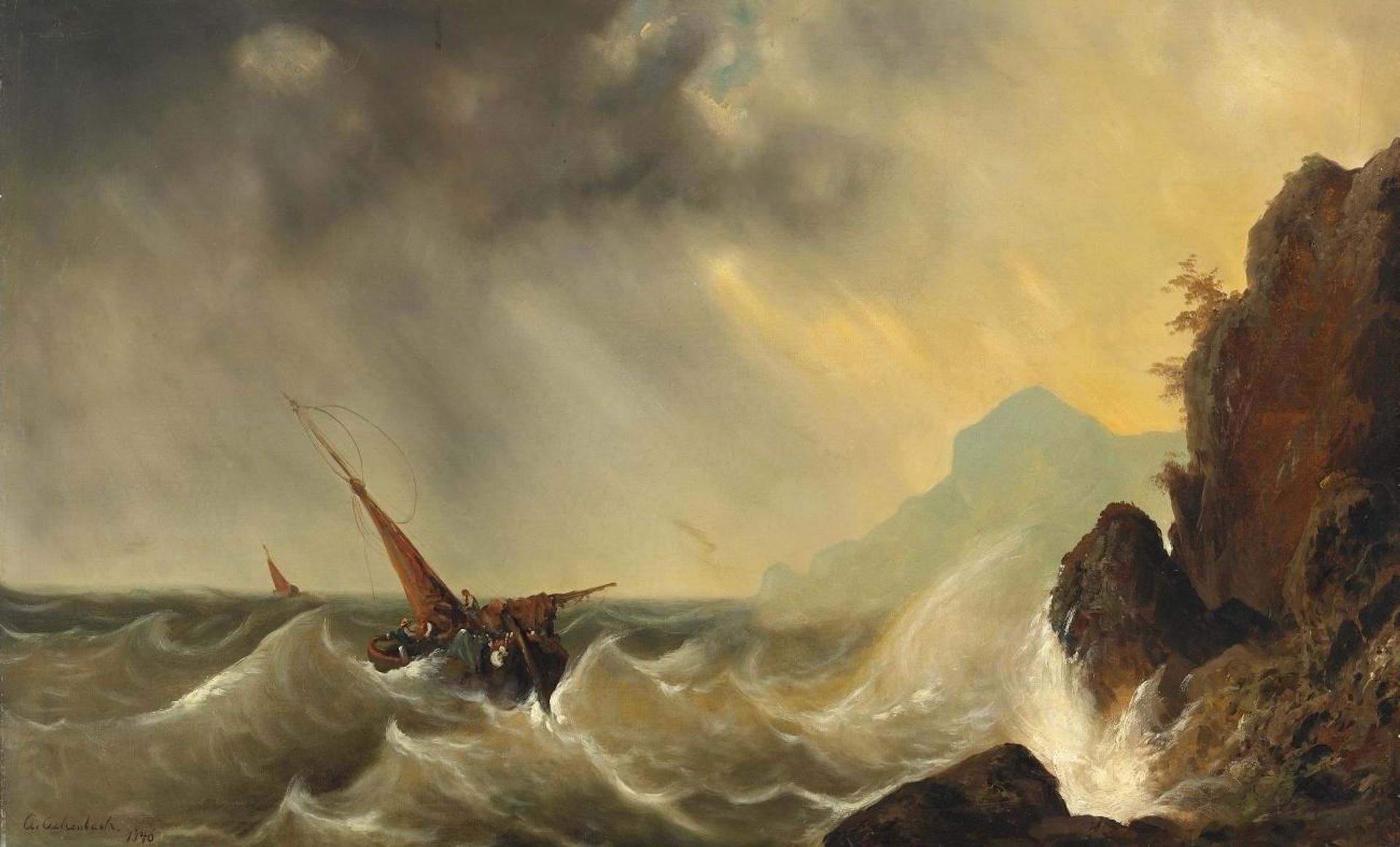 Ship in stormy seas by Andreas Achenbach