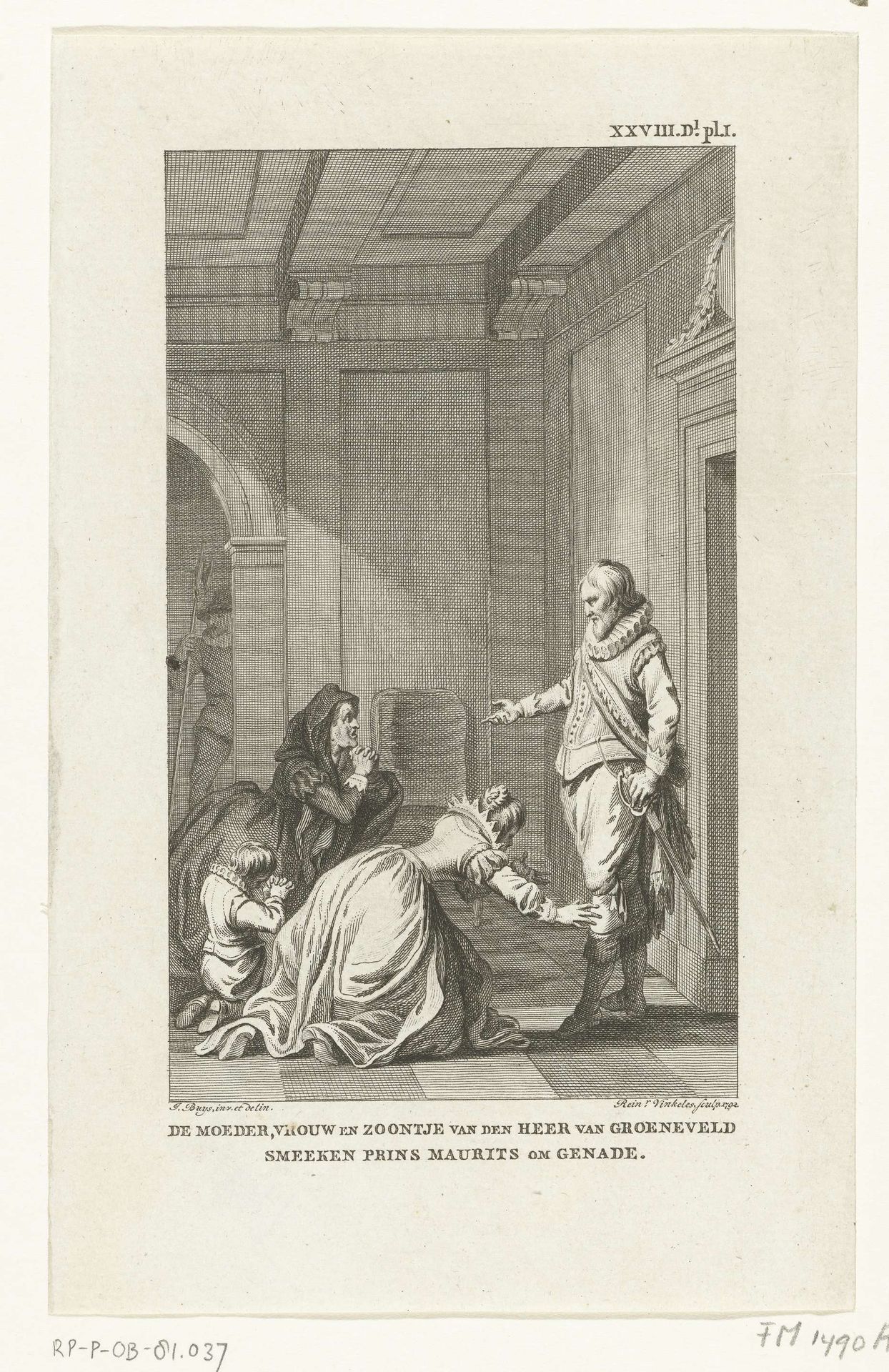 De moeder, vrouw en zoon van Reinier van Oldenbarnevelt smeken Maurits om genade, 1623 by Reinier Vinkeles