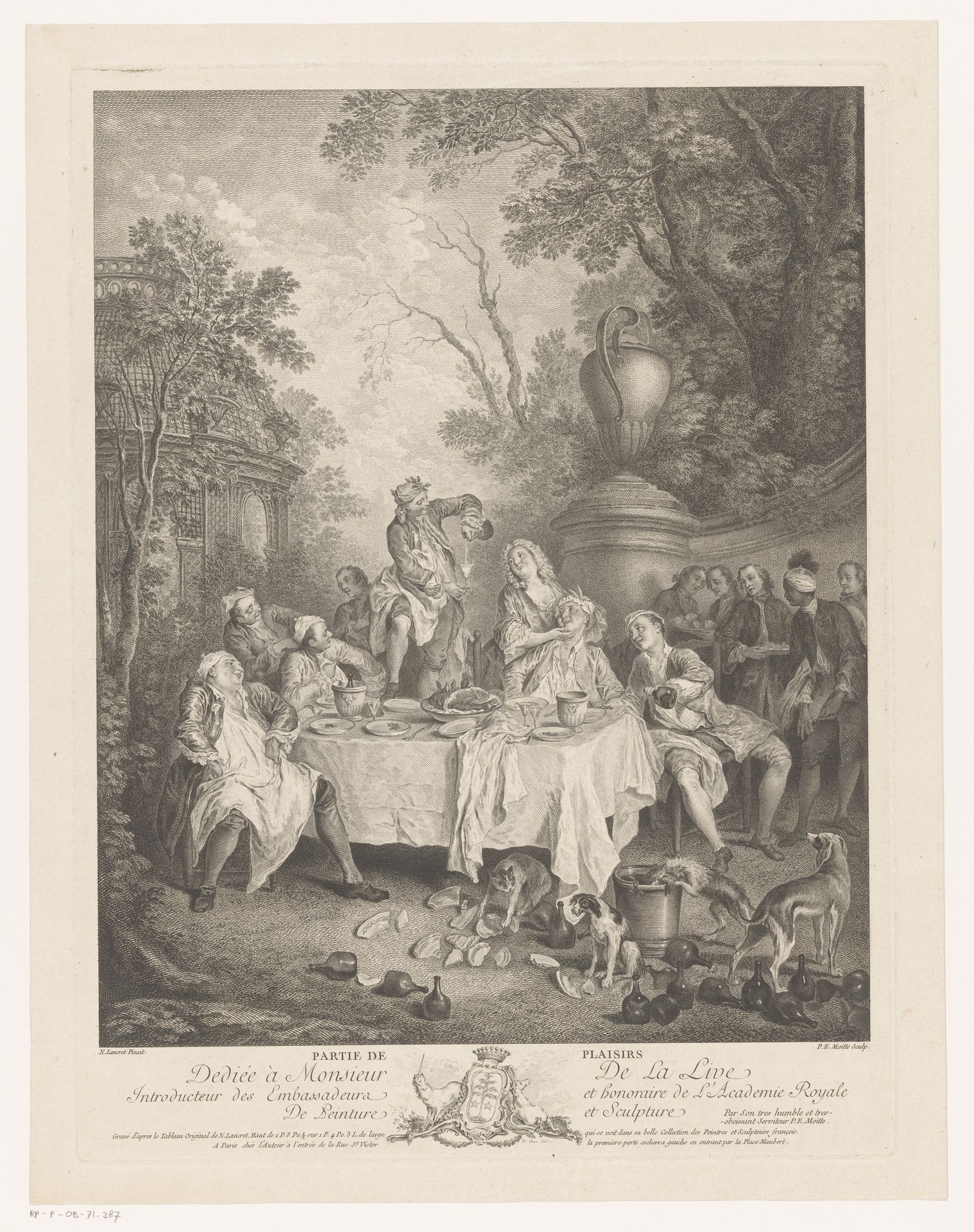Feestend gezelschap in een tuin by Pierre Etienne Moitte