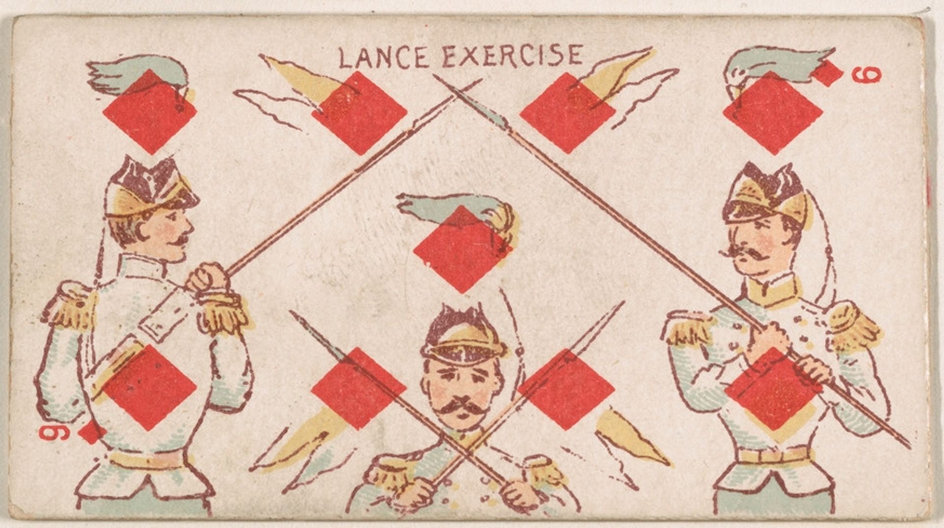 Nine of Diamonds, Lance Exercise, from Harlequin Cards, 2nd Series (N220) issued by Kinney Bros. by Kinney Brothers Tobacco Company