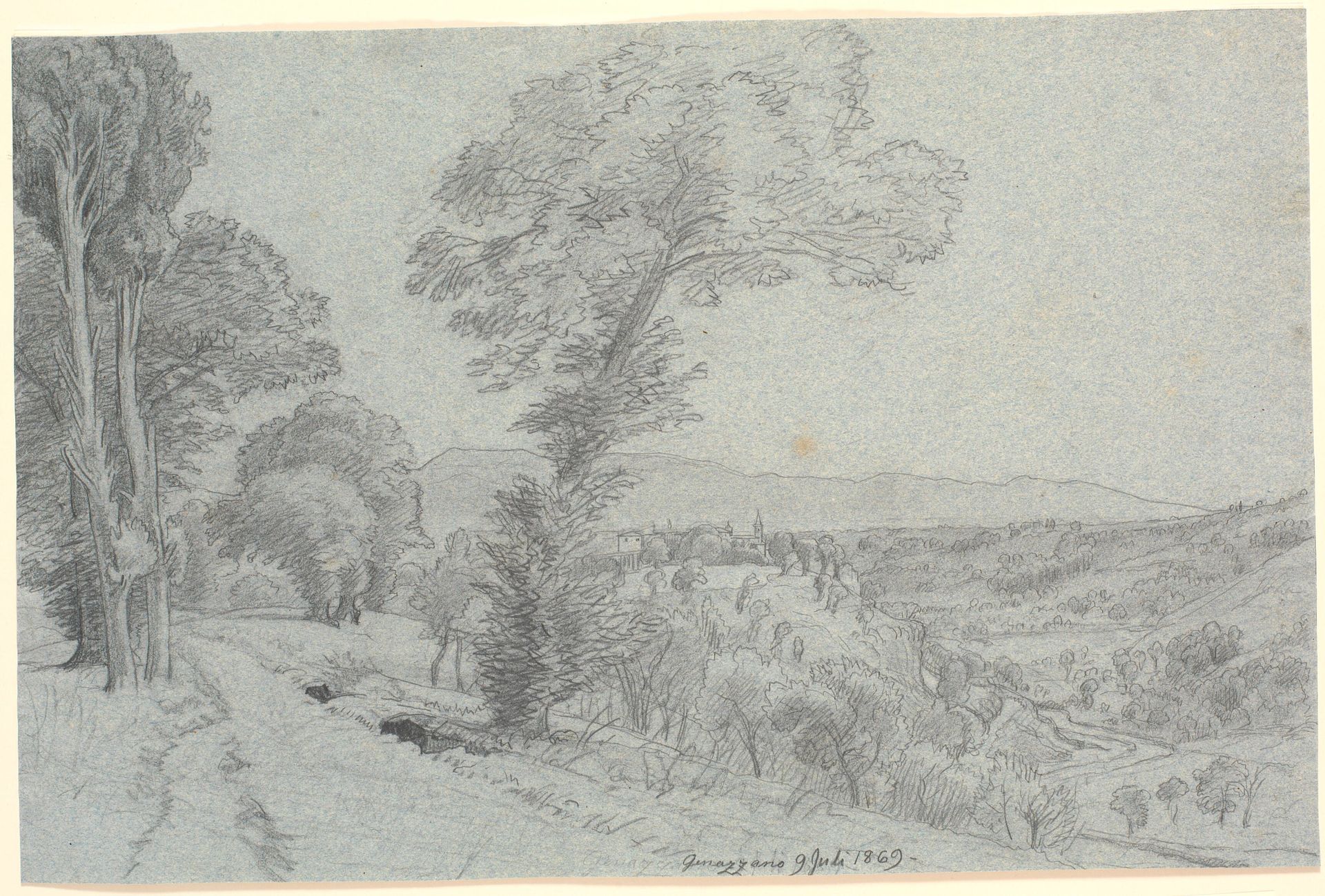 Italiensk bjerglandskab med udsigt mod "Genazzano 9 Juli 1869.". by P.C. Skovgaard