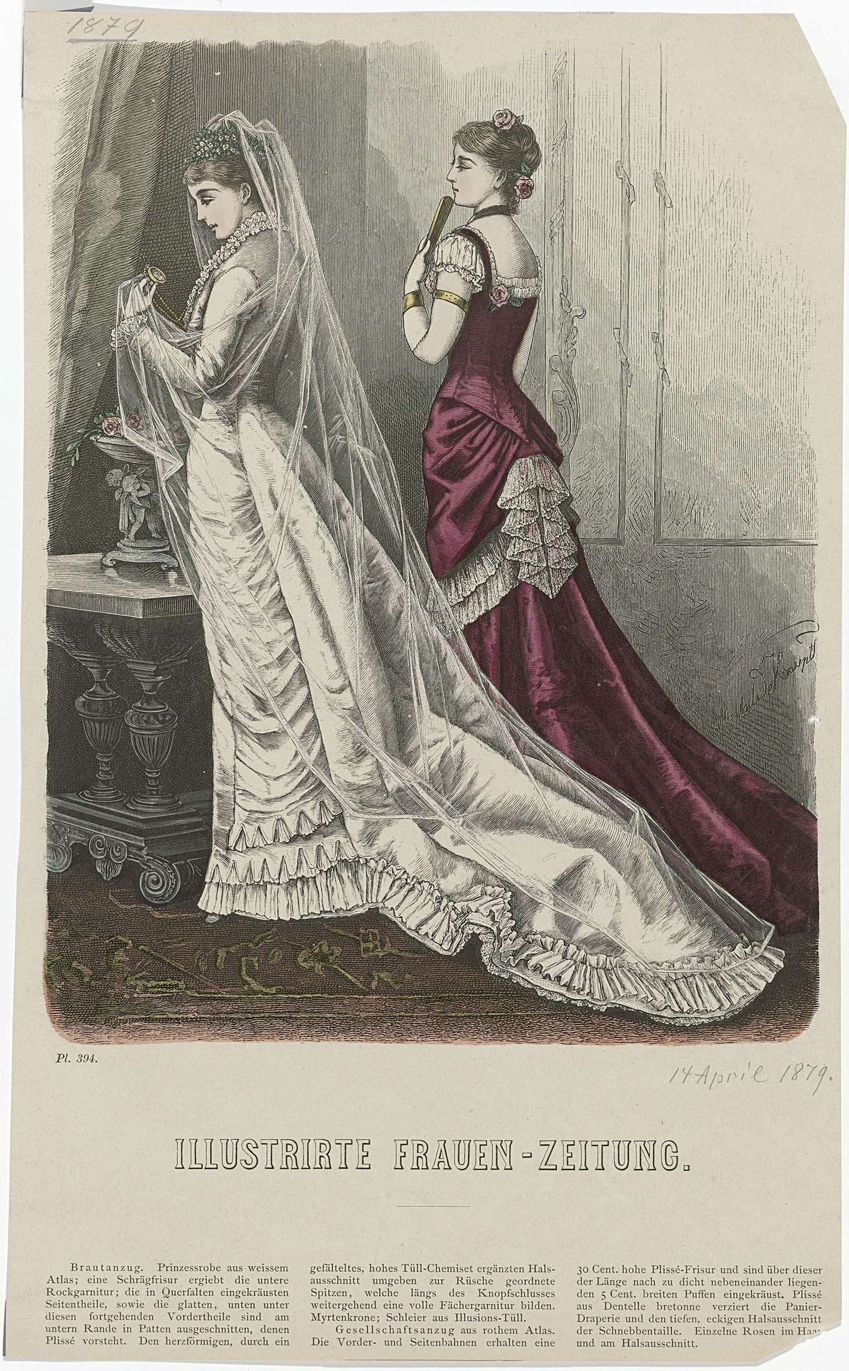 Illustrirte Frauen-Zeitung, 14 april 1879, Pl. 394 : Brautanzug. Prinzessrob (...) by Anonymous