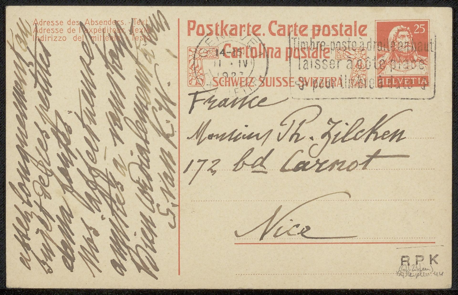 Briefkaart aan Philip Zilcken by Alphonse Stengelin
